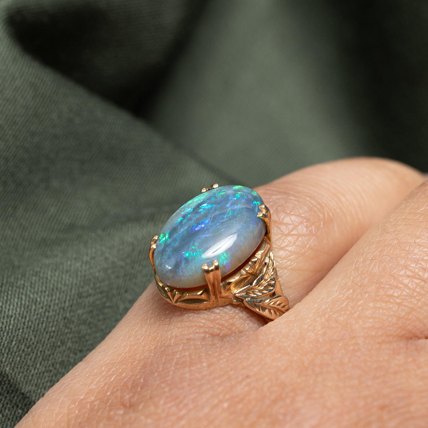 Exquisite Oval Cut Opal Leafy Cocktail Ring - 4.70ct Genuine Opal - Size 5.5 - Elegant Statement Jewelry for Evening Parties, Weddings & Special Occasions