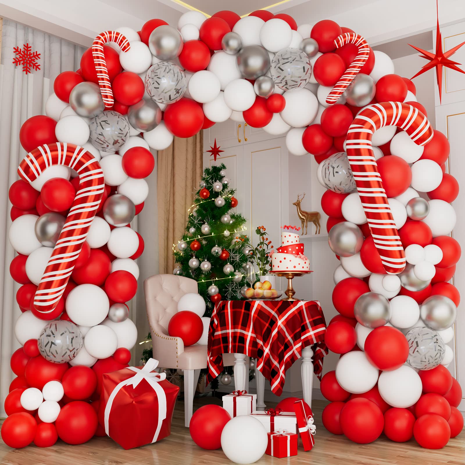 Bonropin Christmas Balloon Garland Arch Kit - Red White Silver Candy Cane Balloons & Gift Box for Xmas Party Decorations | Holiday Home Decor, Christmas Tree Decoration, Festive Party Backdrop