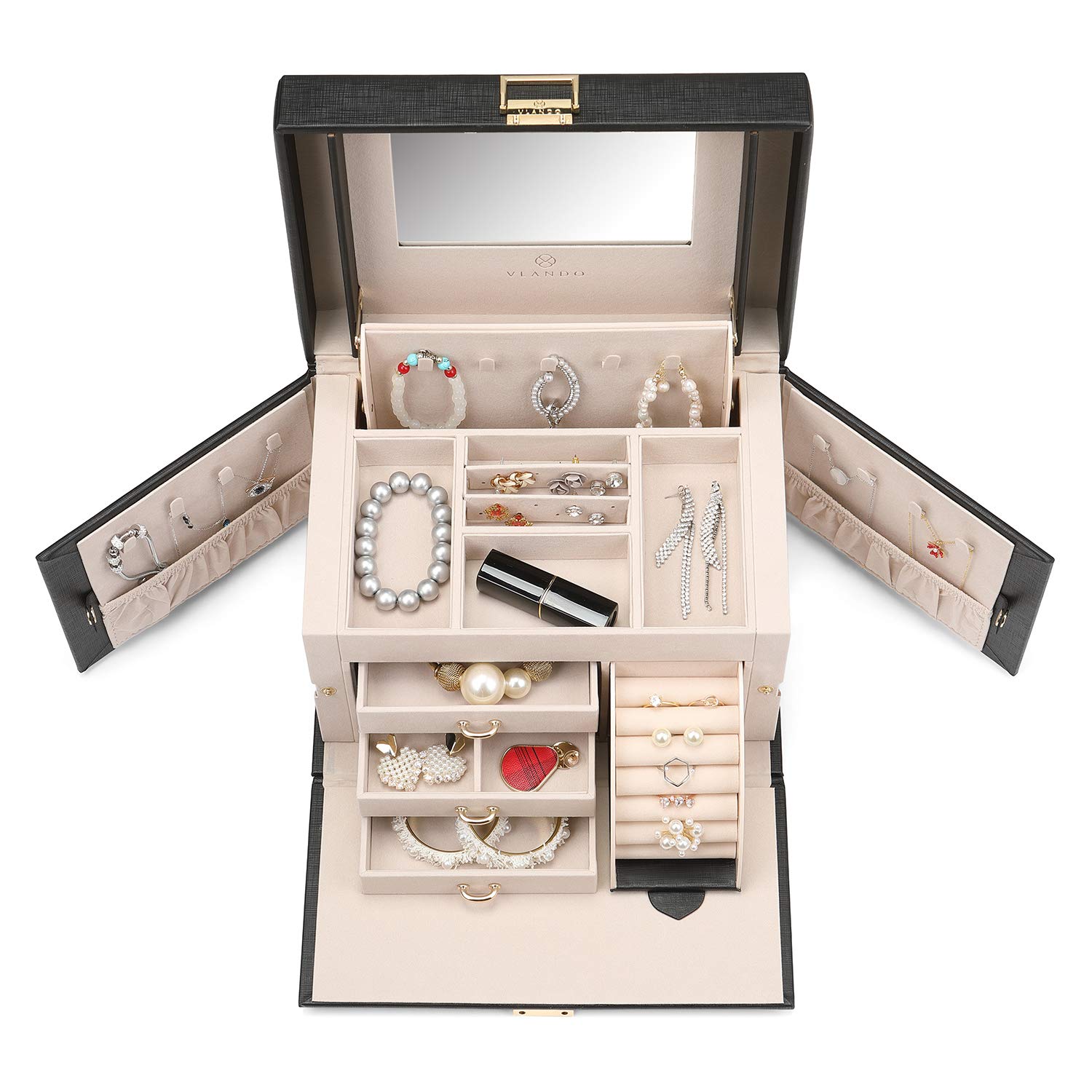 Vlando Leather Jewelry Box Organizer - Mirror Jewelry Storage Case for Necklaces, Earrings, Rings & Bracelets - Elegant Black Jewelry Holder for Dresser, Vanity & Travel