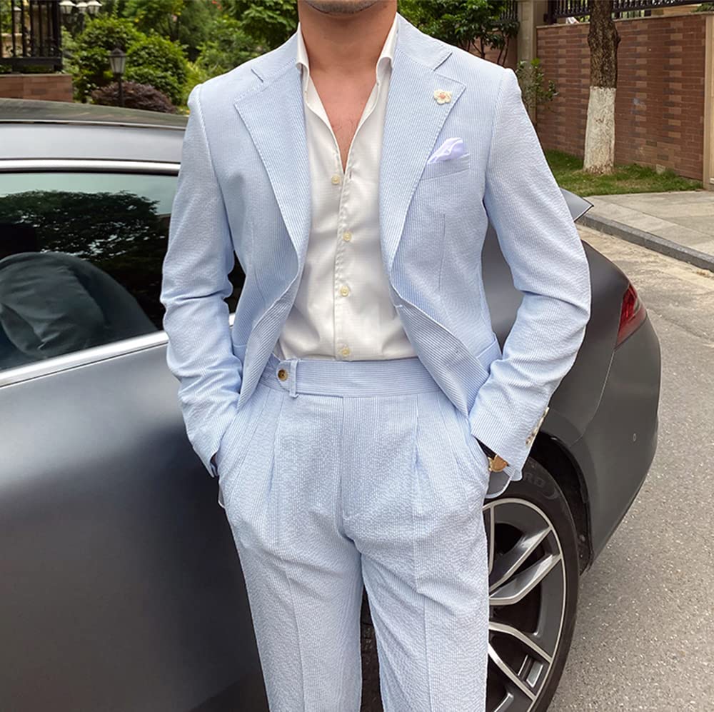 HZUOU Men's Slim Fit Striped Seersucker Suit 2-Piece Set - Wedding Tuxedo & Summer Beach Leisure Outfit | Breathable Lightweight Formal & Casual Wear for Weddings, Parties, Vacations