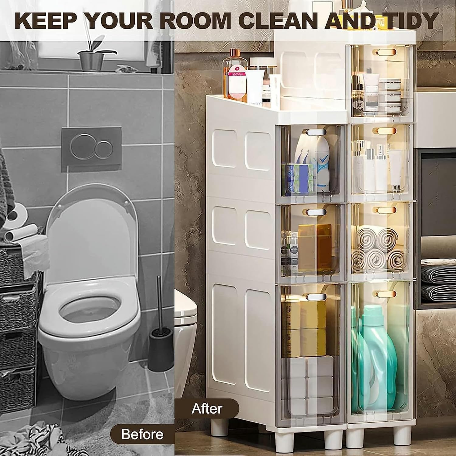 Stackable Narrow Tall Slim Storage Cabinet with Plastic Drawers & Casters - 3/4/5 Tier Floor Organizer for Bathroom, Kitchen, Office | Sturdy Toilet Paper & Household Item Storage Solution