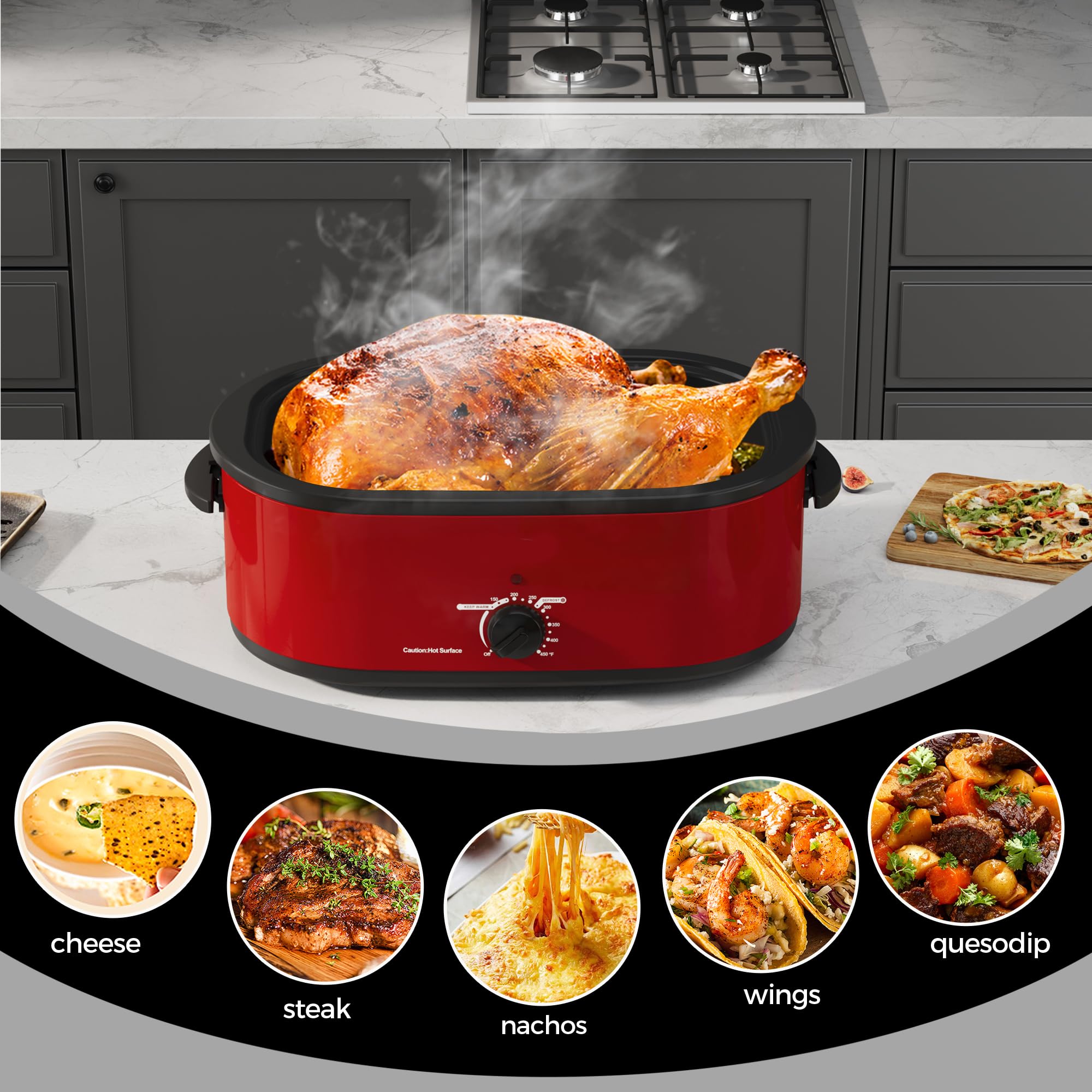 18 Quart Stainless Steel Electric Roaster Oven with Self-Basting Lid, Defrost & Warm Function, Adjustable Temperature, Removable Pan & Rack, Red – Perfect for Holiday Turkey, Roasts, and Large Family Gatherings