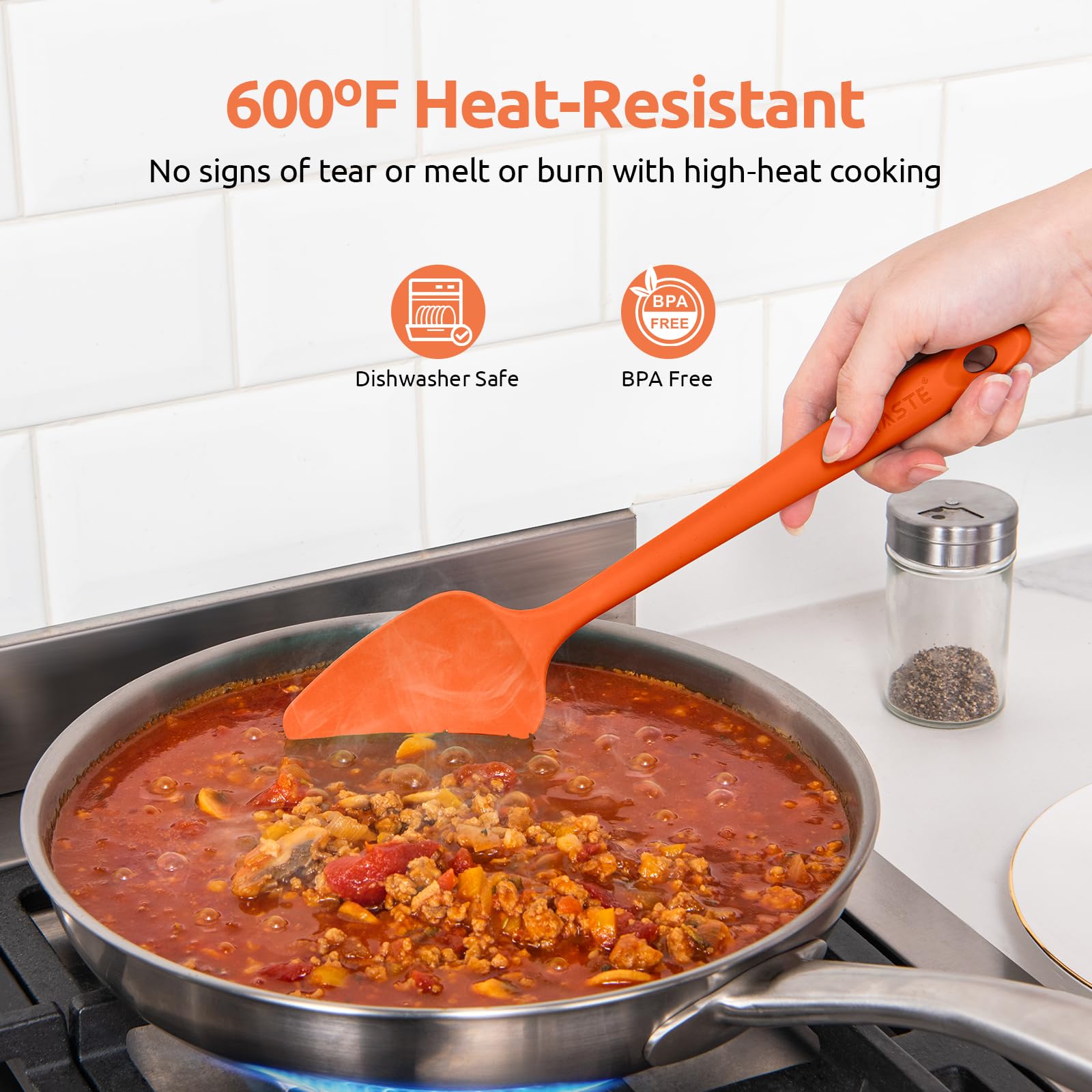 U-Taste High Heat Resistant Silicone Spoon Spatula Set - 600°F Food Grade Flexible Rubber Scrapers - 3-Piece Nonstick Kitchen Utensils for Cooking, Mixing & Baking (Orange) - Perfect for Cake Decorating, Cookie Dough & Pancake Flipping