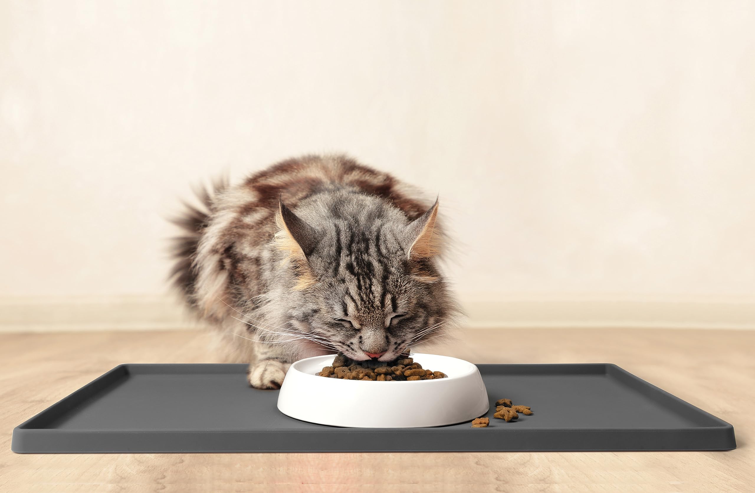 Premium Cat Food Mat - Small & Large Waterproof Silicone Pet Feeding Mat for Cat Bowls & Water Dishes | Non-Slip Base | Carbon Color | Ideal for Messy Eaters & Water Fountain Areas