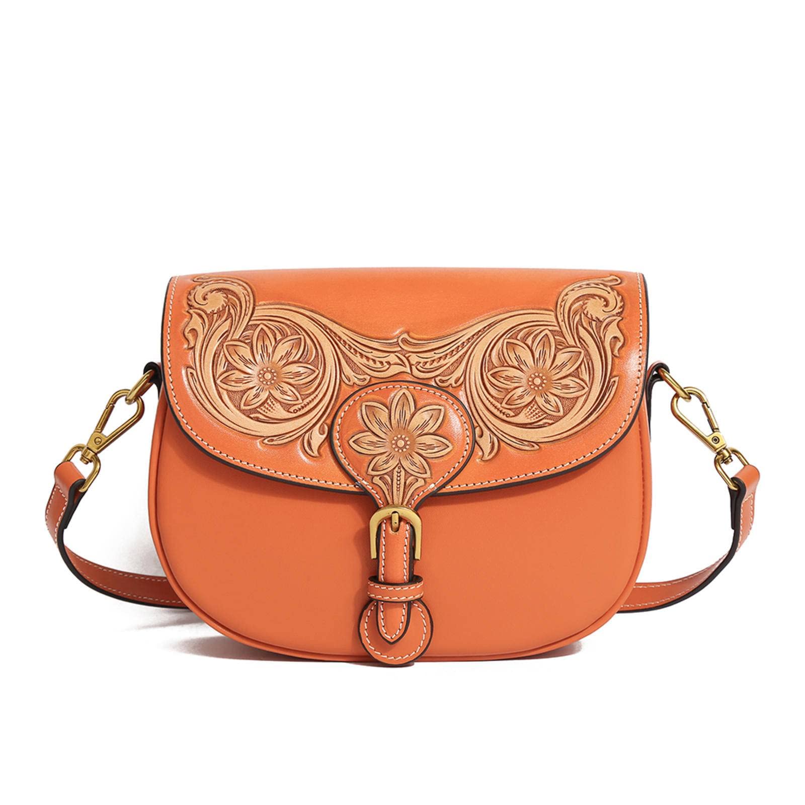 Handmade Genuine Leather Women's Shoulder Bag - Exquisite Leather Carving & Ethnic Style Crossbody Saddle Purse for Daily Use, Work, Travel & Special Occasions