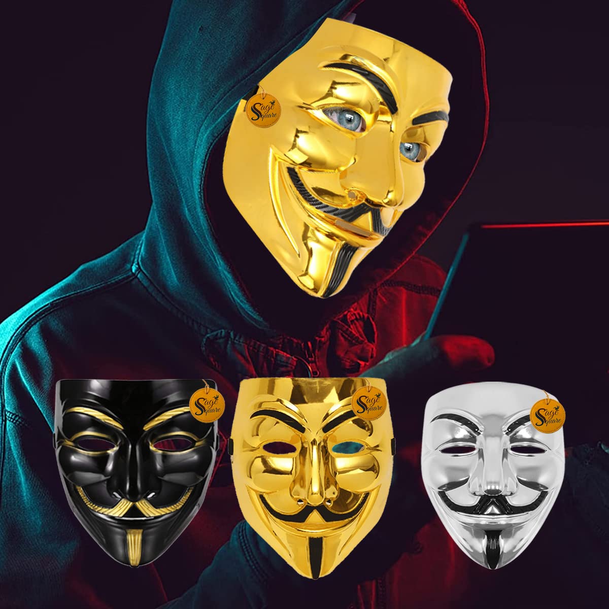 V for Vendetta Face Mask Set of 3 - Black, Gold & Silver Anonymous Cosplay Masks | Perfect Fit Fawkes Mask for Halloween, Protests & Movie Costumes