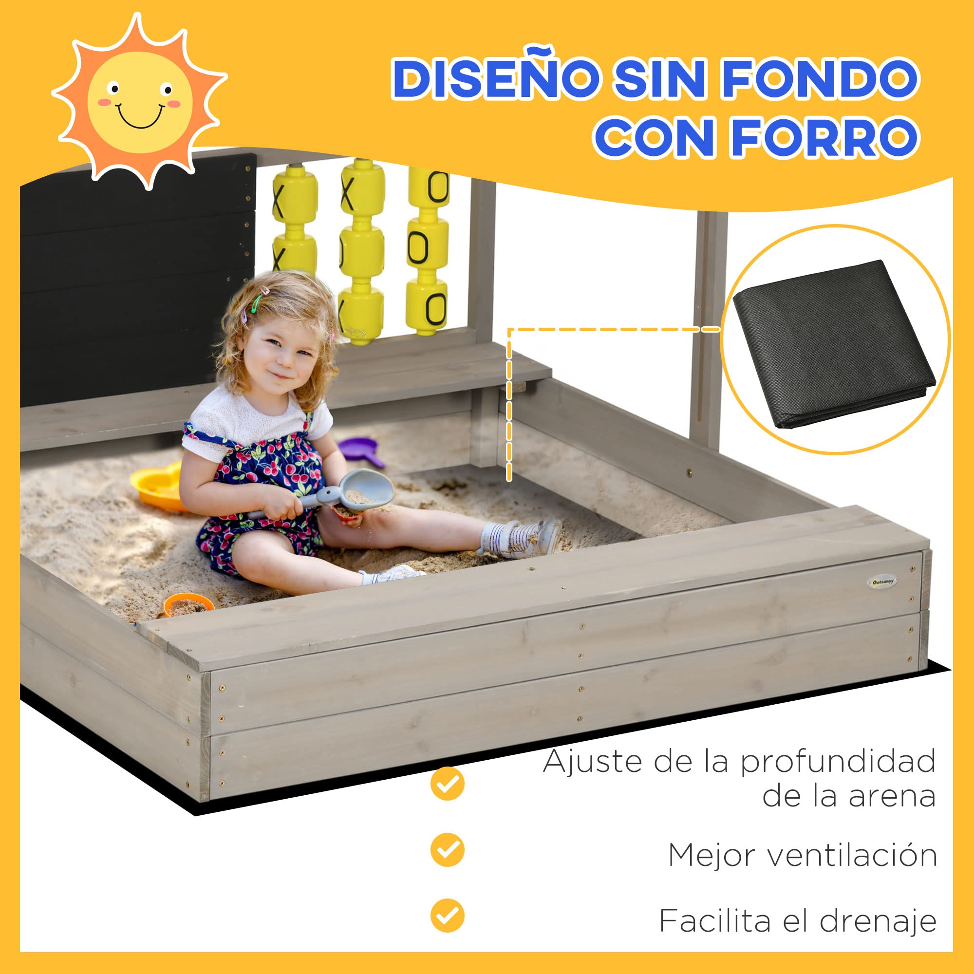 Outsunny Wooden Sandbox for Kids Ages 3-7 Years - Adjustable Non-Woven Fabric Roof, 2-Seat Bench, Chalkboard & Play Toys - 114x113x110cm Gray Sand Pit for Backyard, Garden & Outdoor Play Areas