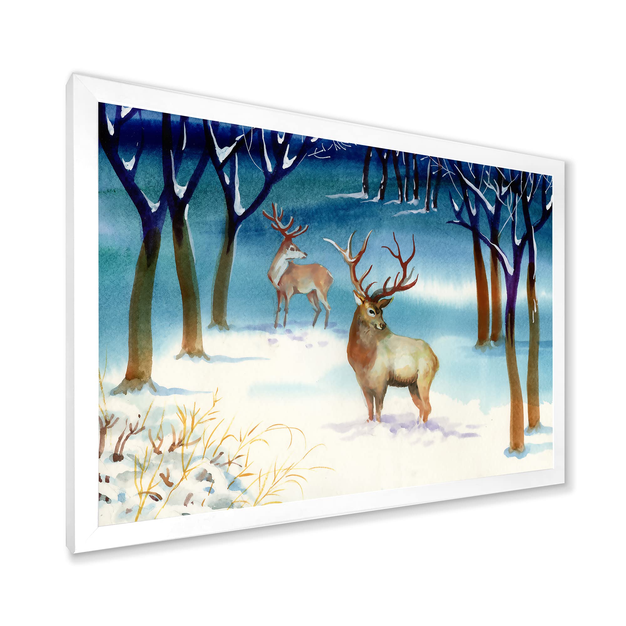 Winter Landscape With Deer Traditional Framed Wall Art - Nature Inspired Home Decor for Living Room, Bedroom & Office