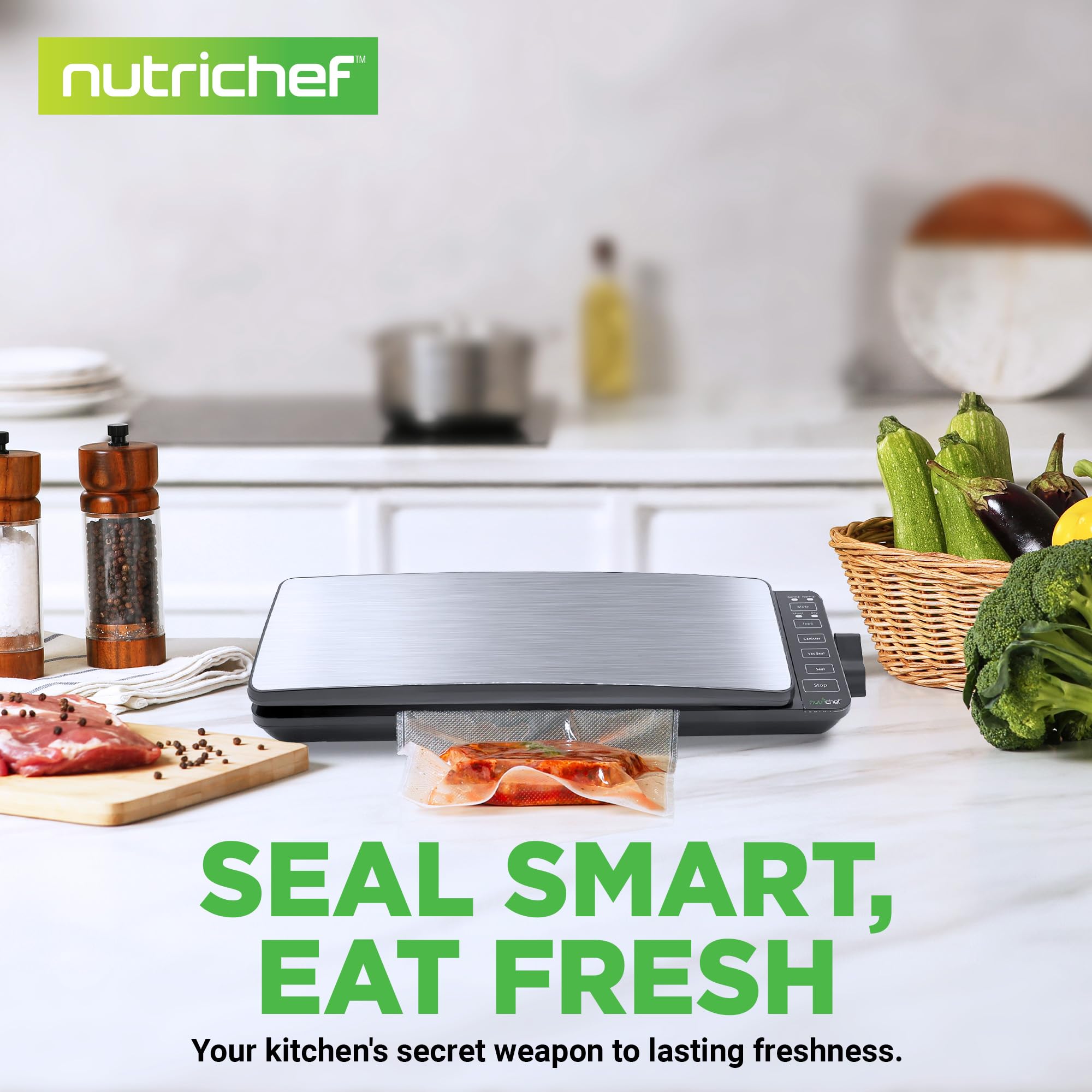 NutriChef PKVS35STS 110W Automatic Food Vacuum Sealer Machine with 2 Seal Modes - Stainless Steel Vacuum Sealer for Meat, Sous Vide, Meal Prep & Food Preservation - Includes Vacuum Roll Bags & Air Hose - Perfect for Kitchen, Camping & Bulk Food Storage
