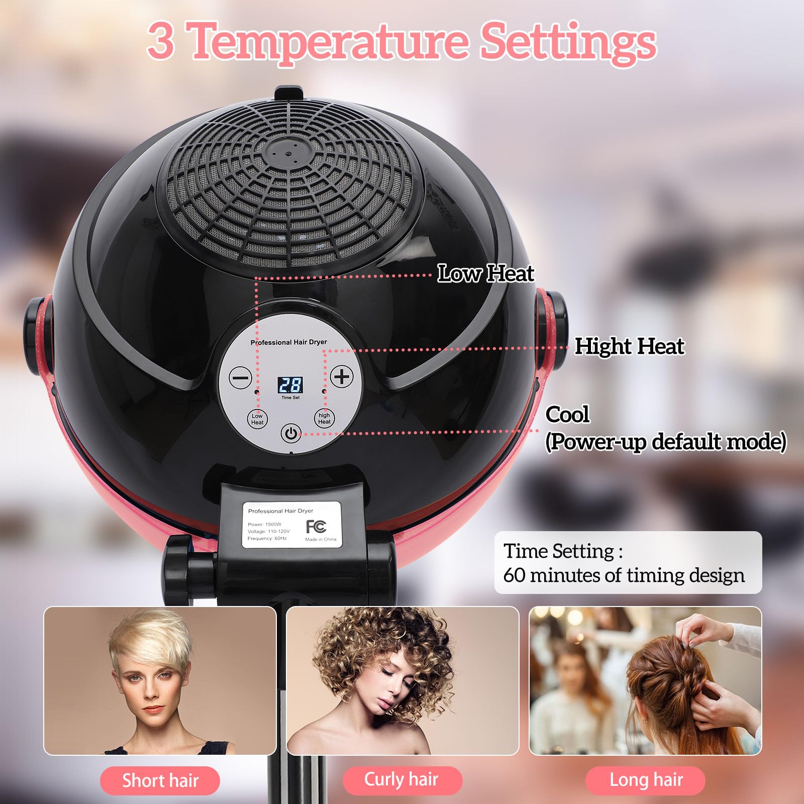 1500W Professional Hooded Hair Dryer with 3 Heat Settings & Timer - Touch Control Stand-Up Blow Dryer for Salon & Home Use (Pink) | Perfect for Curly Hair, Perms & Deep Conditioning Treatments