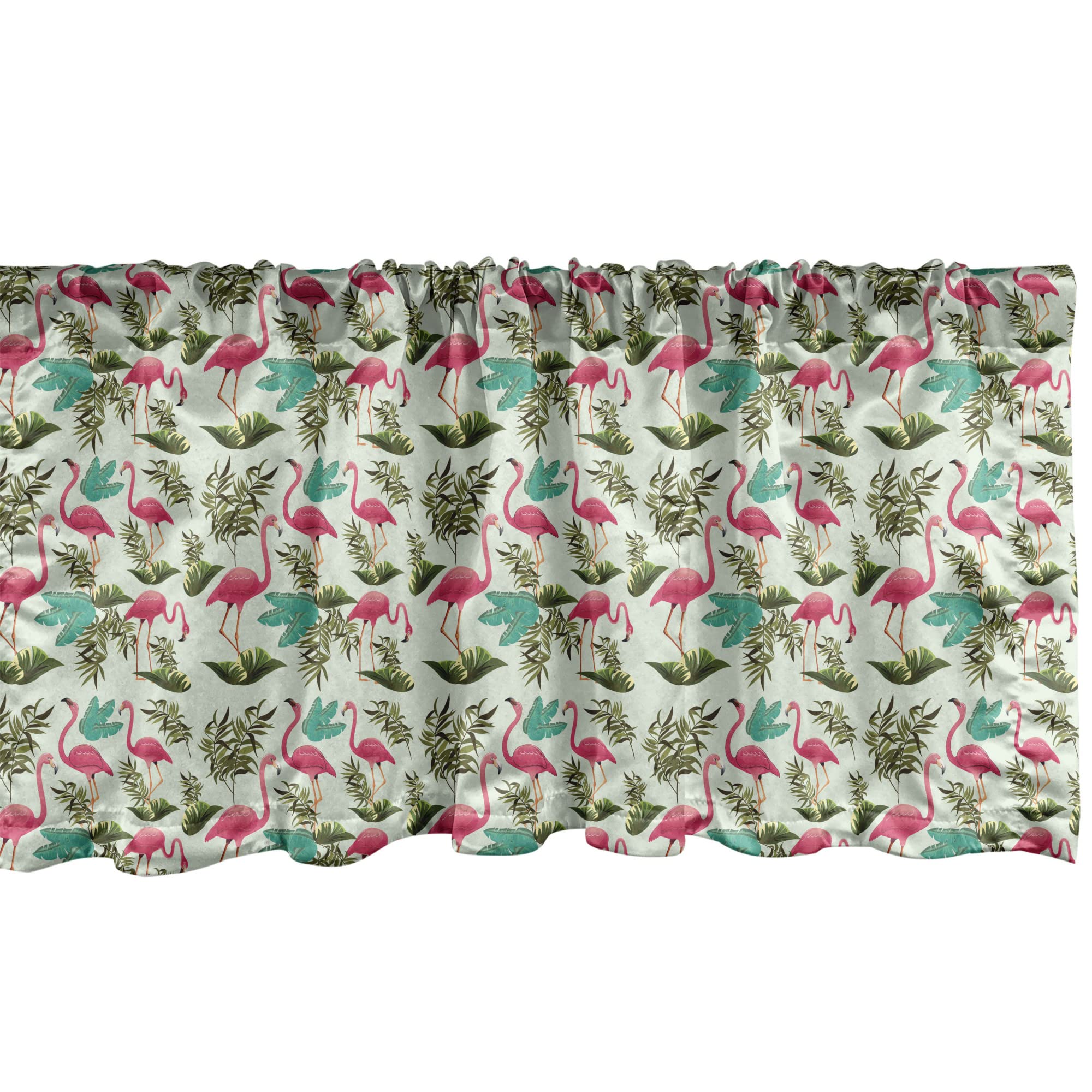 Ambesonne Tropical Window Valance Set of 2 - Flamingo & Palm Tree Design with Banana Leaf Pattern, Pastel Island Beach Theme Rod Pocket Curtain for Kitchen & Bedroom Decor, 54x18 Inches, Dark Pink & Emerald Green | Perfect for Coastal, Beach House or Tropical Home Decor