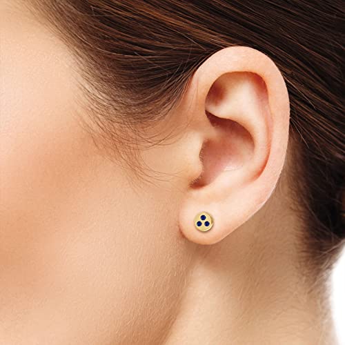 14K Yellow Gold Round Cut Blue Sapphire Three Stone Stud Earrings for Women - Elegant Bezel Set Jewelry Gift for Birthday, Anniversary & Special Occasions