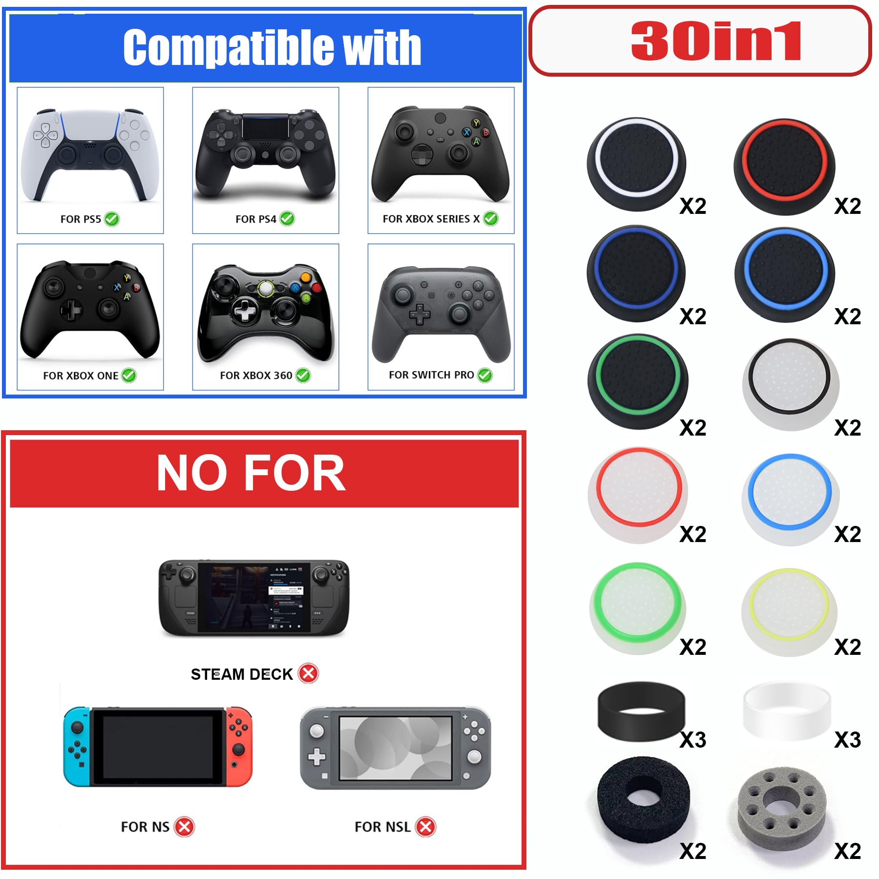 PS5/PS4/Xbox/Switch Pro Controller Thumb Grips & Precision Rings Set (30pcs) - Black & White - Enhanced Grip for Gaming, FPS, Racing & Sports Games