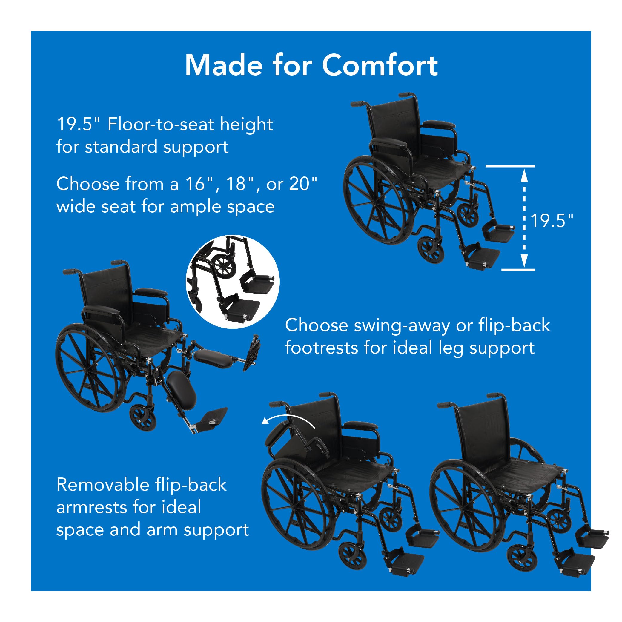ProBasics Standard Wheelchair with Flip Back Desk Arms - 250 lbs Weight Capacity - Black - Swing-Away Footrest - 16