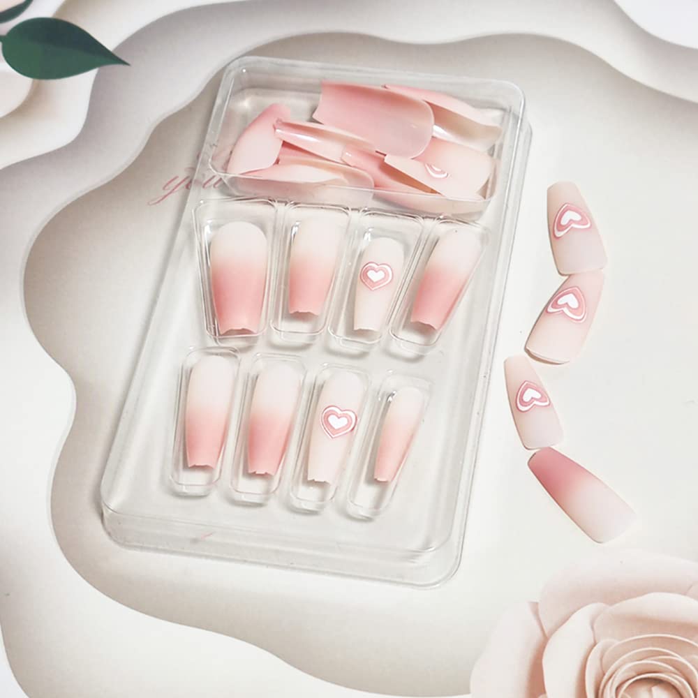 Valentine's Day Press on Nails - 24Pcs Long Coffin Fake Nails with White Pink Heart Design, Glossy Acrylic Full Cover False Nails for Women | Perfect for Romantic Dates, Weddings, Anniversaries & Special Occasions