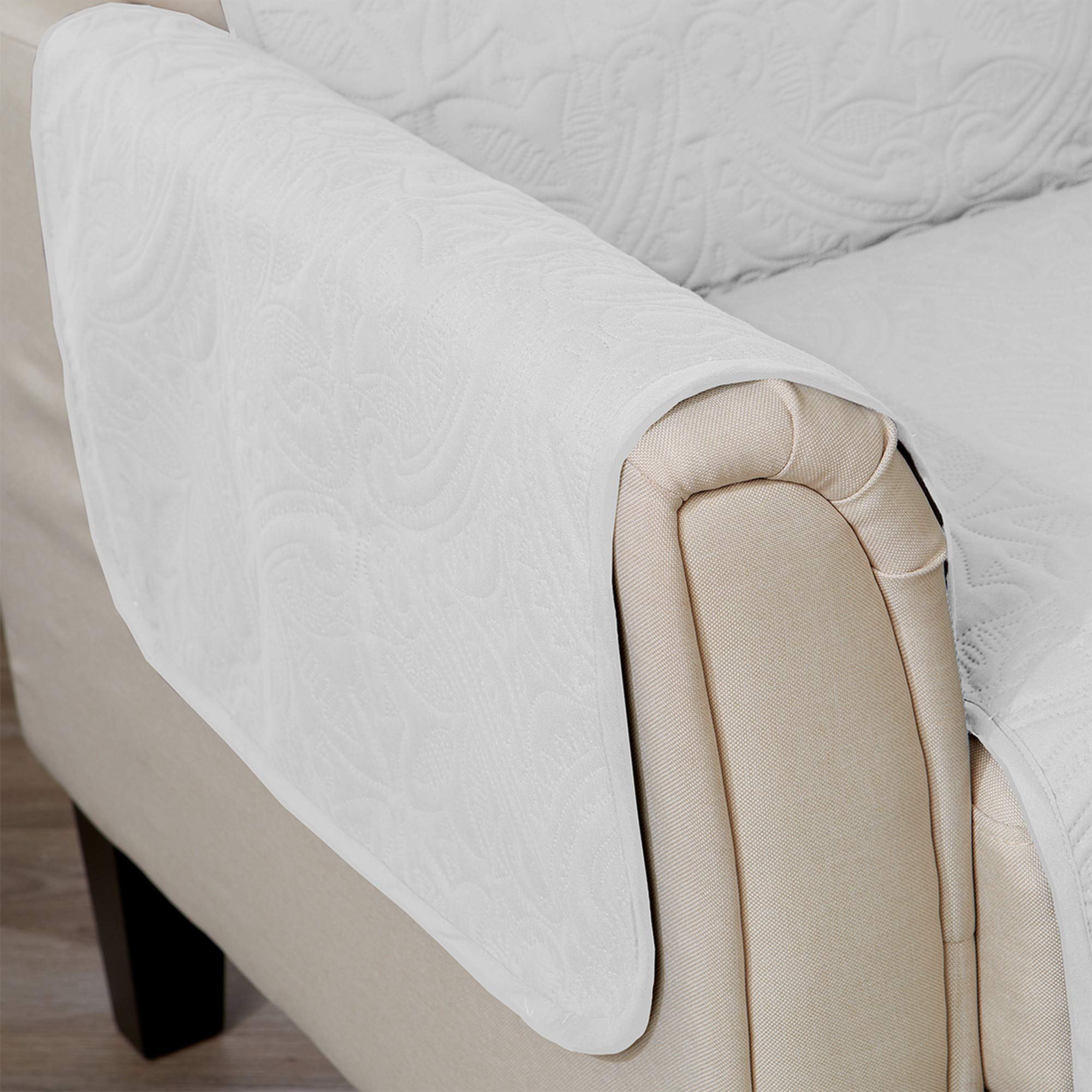 Great Bay Home Medallion Stitched Solid Furniture Protector - Stain Resistant, Durable Sofa Cover - Elenor Collection (Loveseat, White/Sand) - Perfect for Living Room, Bedroom & Pet Protection