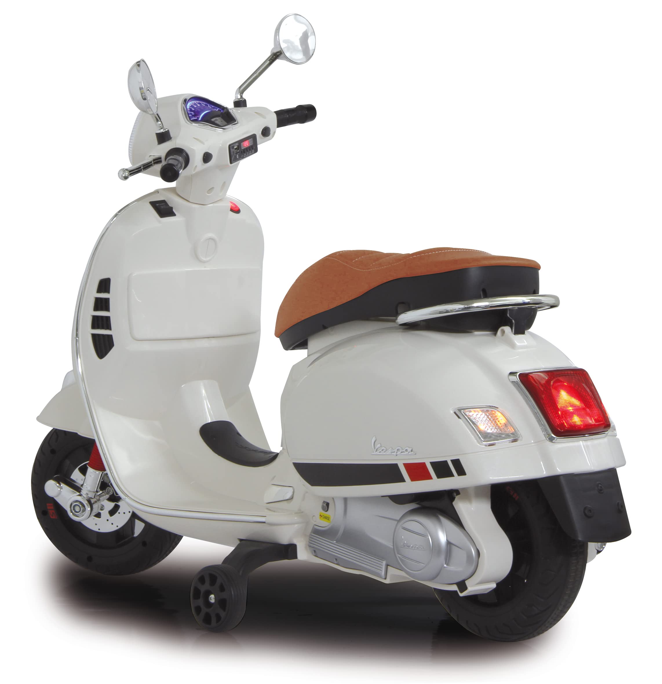 Jamara 460346 - 12V Kids Ride-On Vespa Scooter with Powerful 500mA Battery, LED Headlight, SD/AUX/USB Ports & Ultra-Grip Wheels – Perfect for Indoor & Outdoor Play, Birthday Gifts for Boys & Girls Ages 3-8