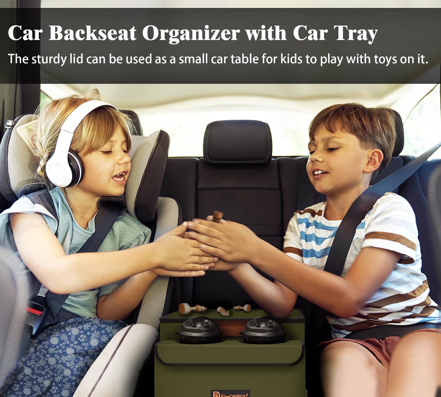 Car Seat Organizer with Cooler Compartment & Cup Holder - Front & Back Seat Storage for Kids - Travel Organizer with Lid, Tissue Holder for Road Trips & Family Vacations - Olive Green