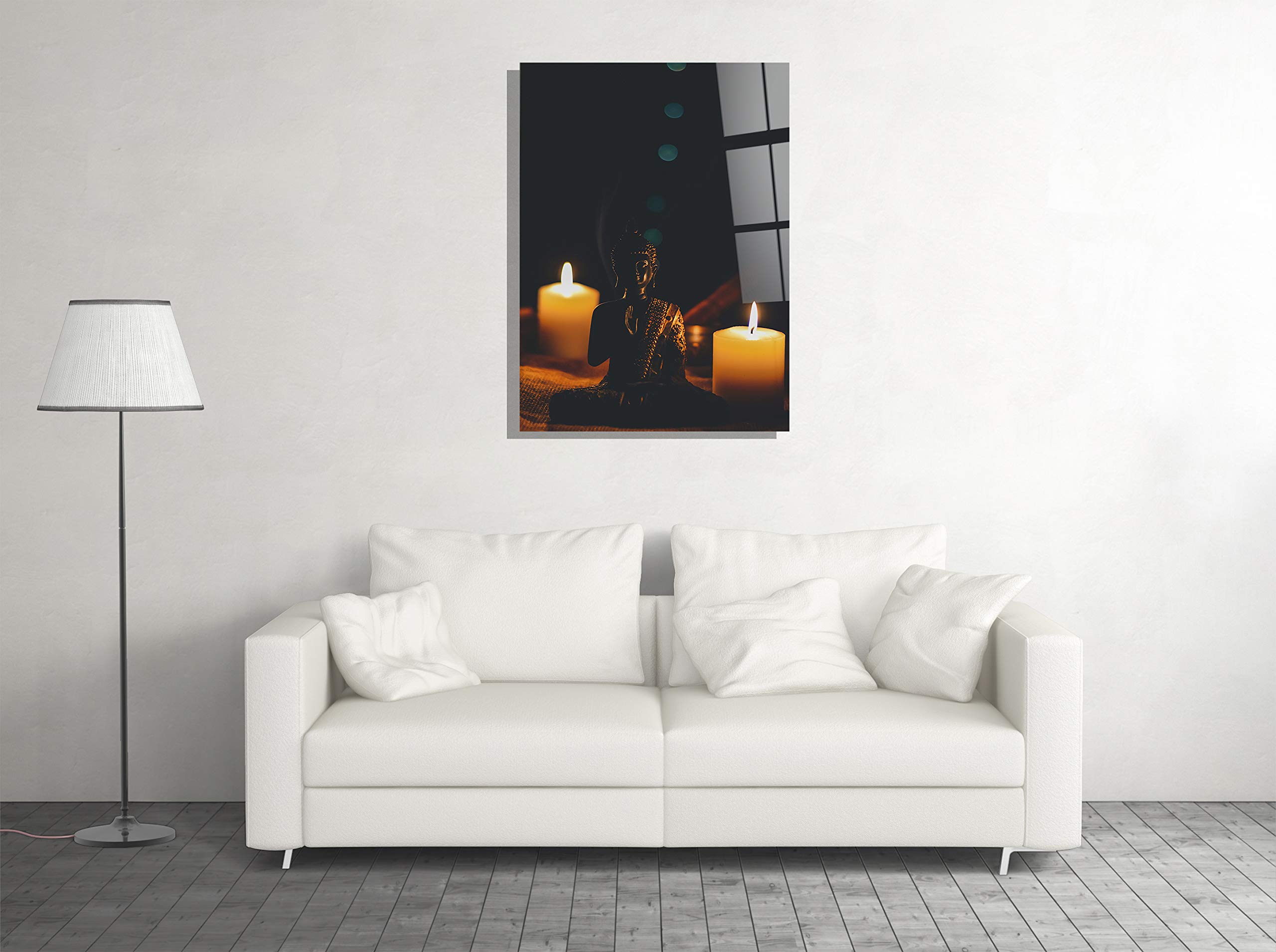 Buddha & Candles Tempered Glass Wall Art - 16x24 Inches Buddhist Symbol Decor for Home, Office, Hotel - Modern Spiritual Gift for Meditation Room & Yoga Studio
