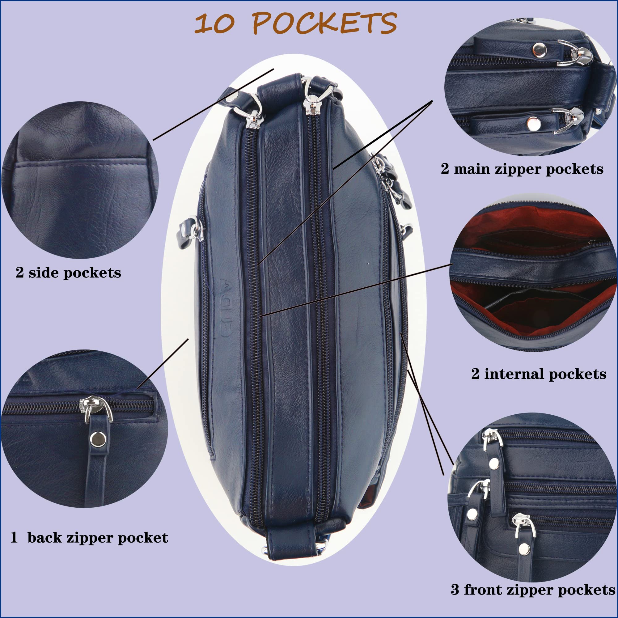 ELDA 10-Pocket Crossbody Purse for Women - Lightweight Medium Shoulder Bag with Multiple Pockets - Perfect for Travel, Shopping & Everyday Use