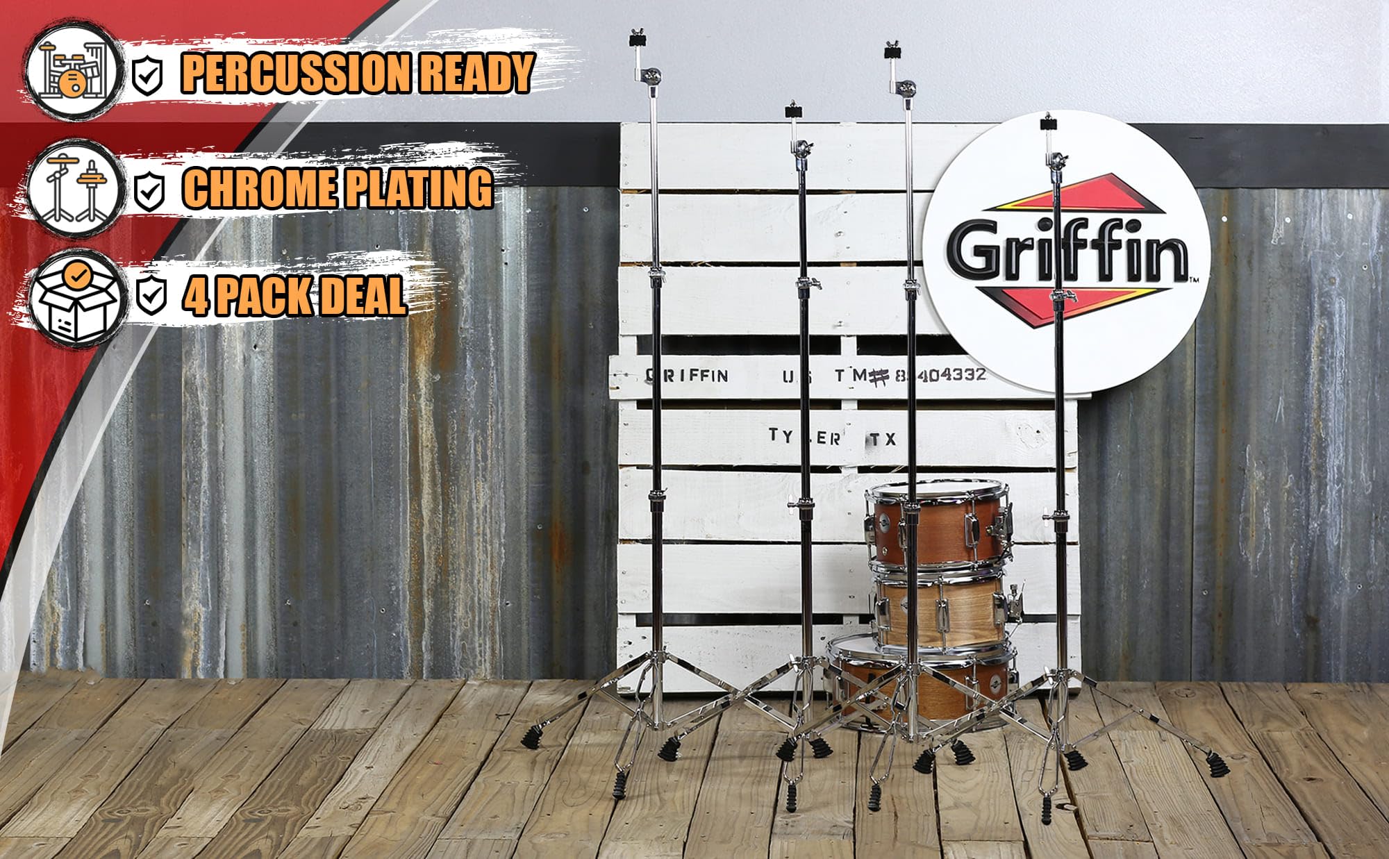 Griffin 4-Pack Heavy Duty Double Braced Cymbal Stand Set with Slip-Proof Gear Holder - Chrome Drum Hardware Kit for Crash & Splash Cymbals | Perfect for Mobile Drummers, Live Performances & Studio Recording