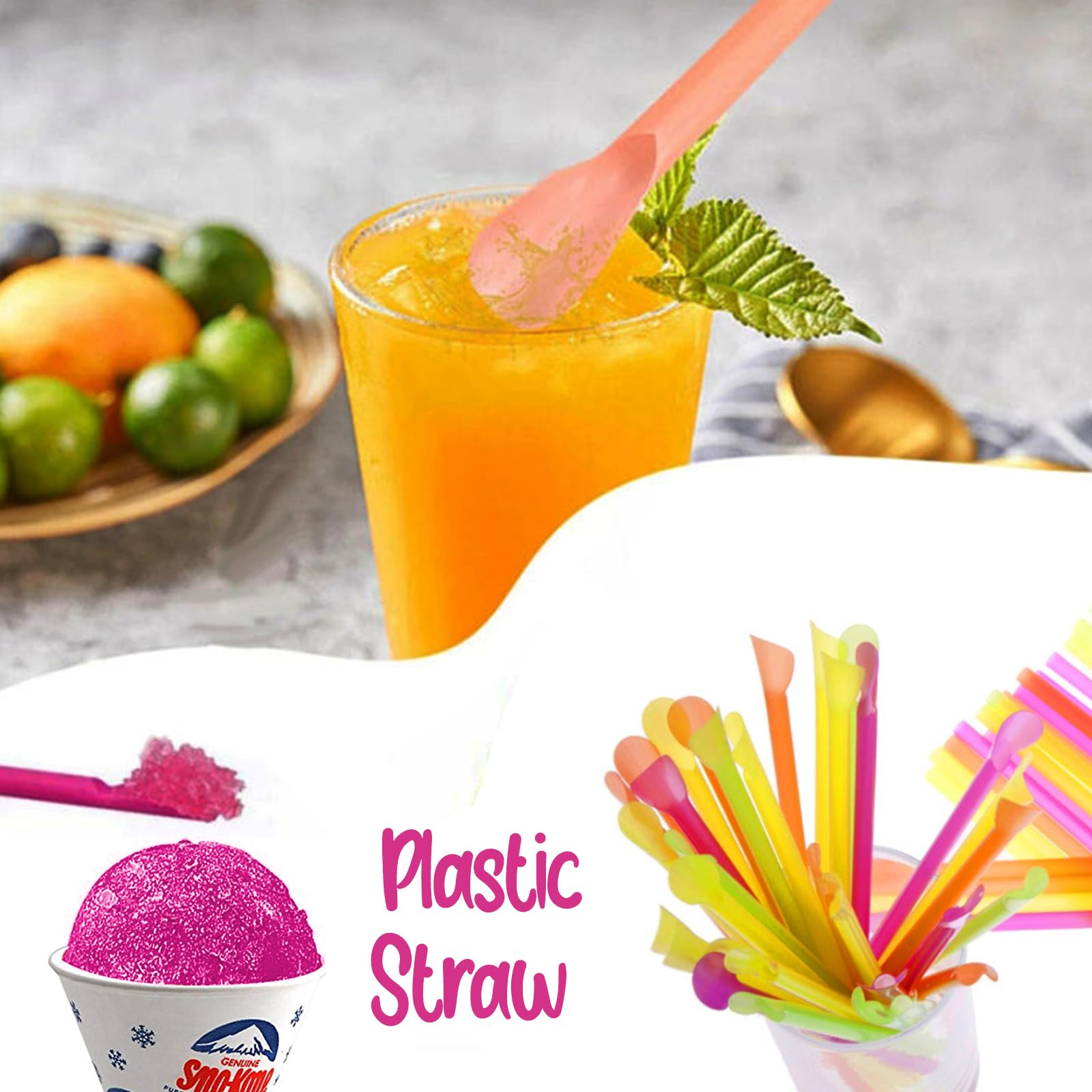 100 Pack 6oz Snow Cone Cups with 100 Neon Spoon Straws (200 Count Total) - Perfect for Summer Parties, Carnival Treats & Concession Stands