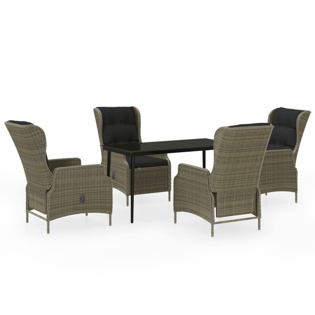 5-Piece Patio Dining Set with Adjustable Reclining Chairs & Tempered Glass Table - Brown Rattan Wicker Outdoor Furniture with Black Weather-Resistant Cushions - Perfect for Backyard, Garden, Poolside or Terrace Relaxation