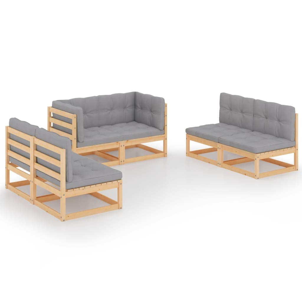 vidaXL 6-Piece Solid Pinewood Patio Lounge Set with Cushions | Outdoor Furniture for Garden, Deck & Backyard | Easy Assembly Gray Fabric Retro Style Sofa Set