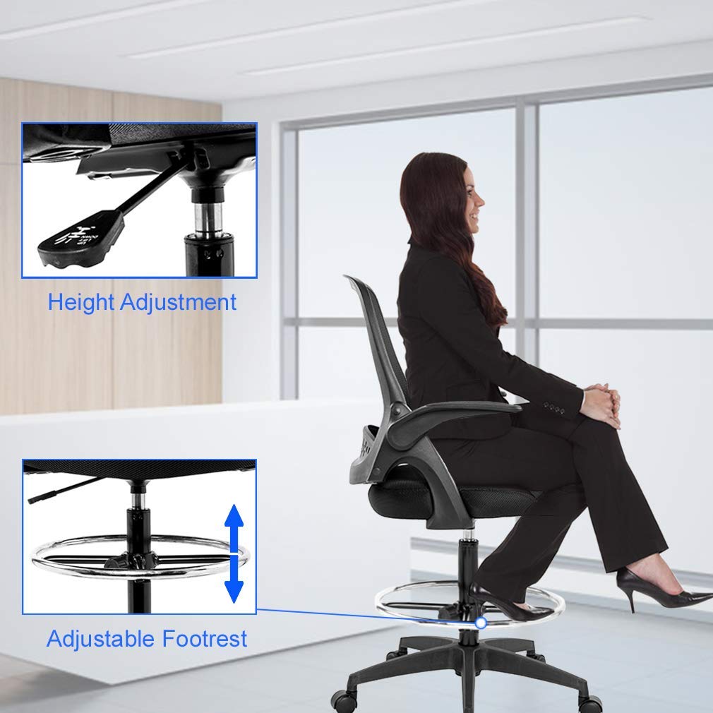 Ergonomic Mesh Drafting Chair with Adjustable Height, Lumbar Support & Flip-Up Arms - Swivel Rolling Office Chair for Tall Desks | Perfect for Home Office, Computer Work & Executive Workspaces - Black