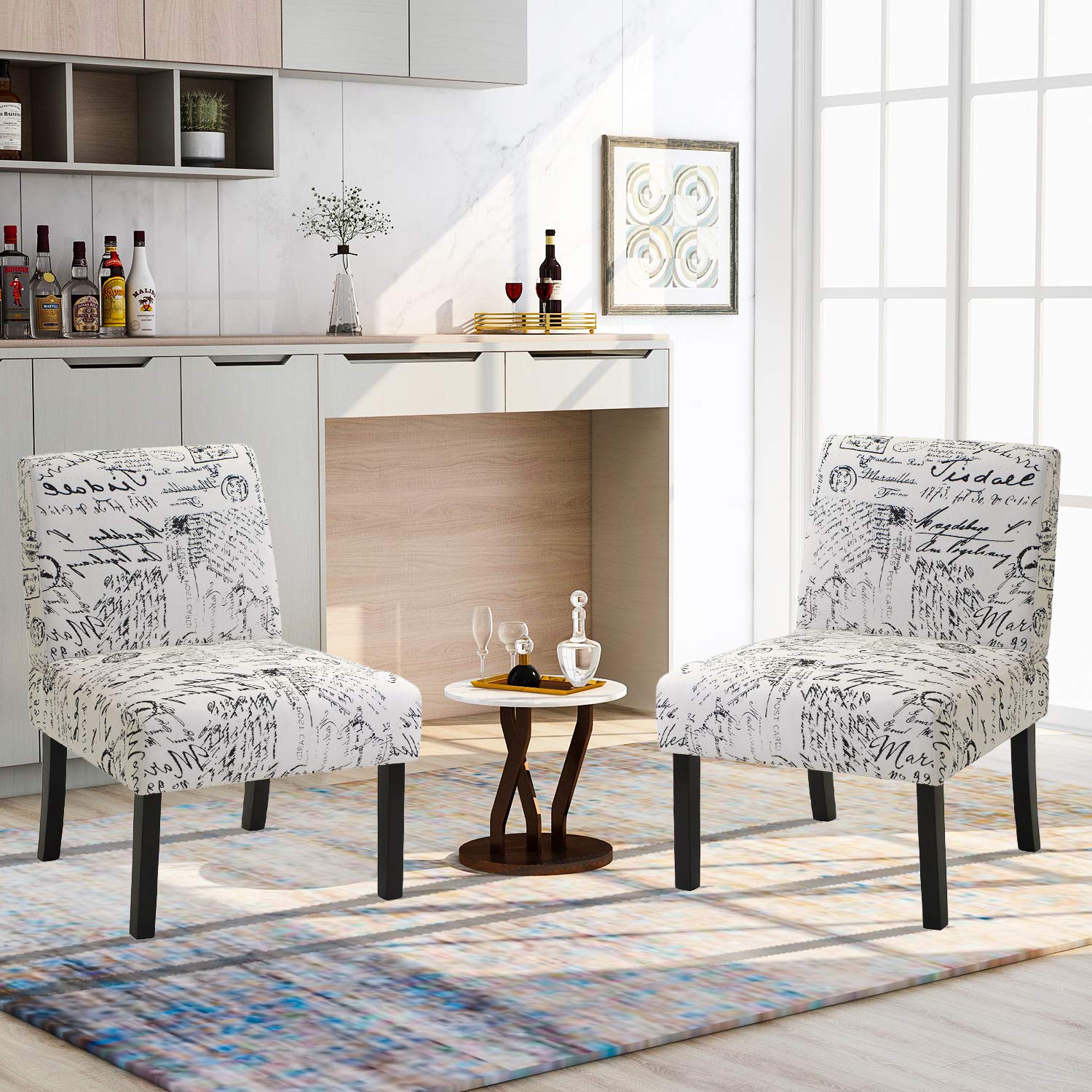 Modern Armless Accent Chairs Set of 2, Mid Century Fabric Upholstered Living Room & Dining Chairs with Solid Wood Legs - Perfect for Bedroom, Office, Home & Guest Room - 2 Pack (Script)