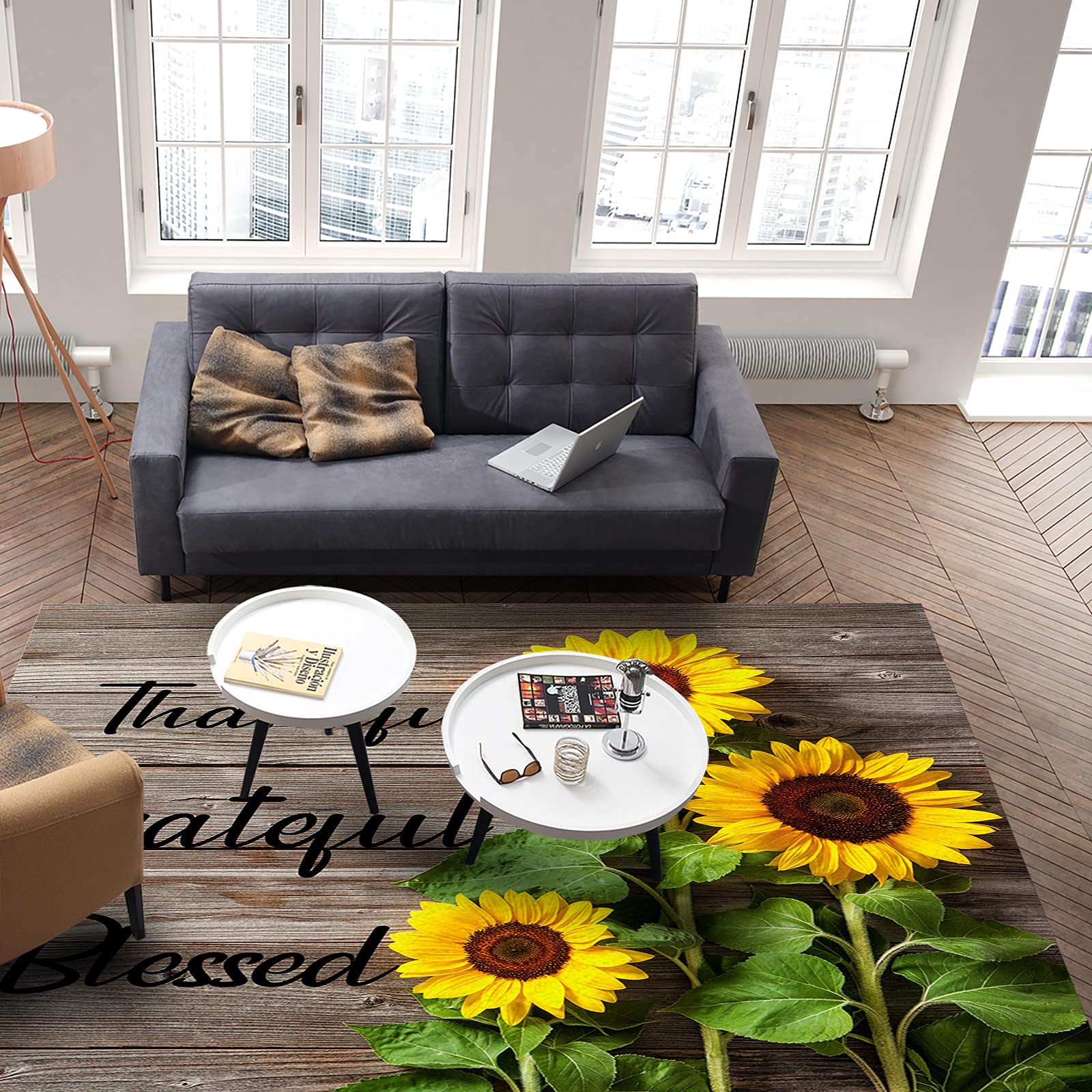 Soft Fluffy Area Rug 5' x 8' - Non-Slip Living Room Carpet, Cozy Bedroom Rug, Dining Room Floor Mat with Sunflower Design on Wooden Board - Perfect for Home Decor, Housewarming Gift & Family Gatherings