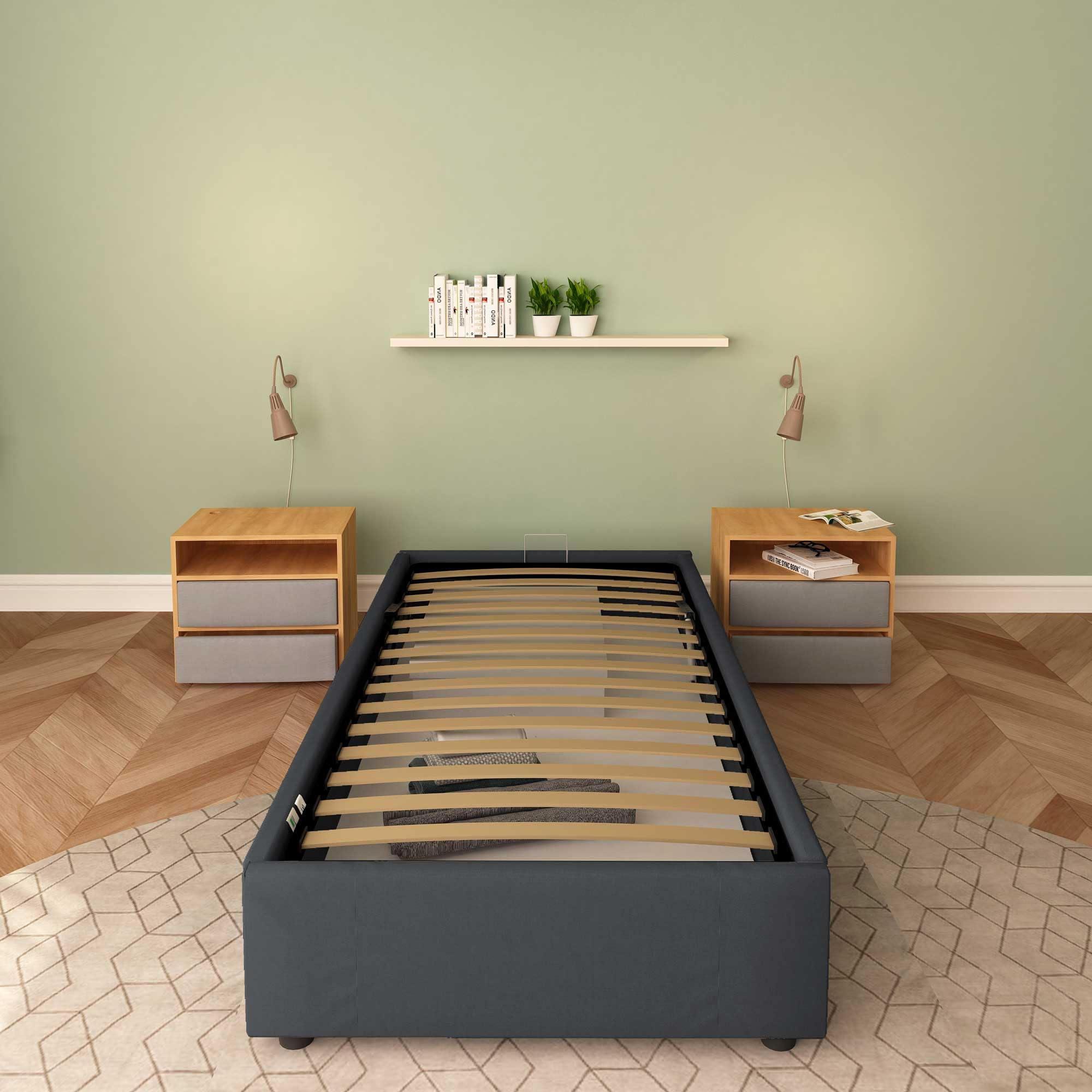 Baldiflex Cloe Square and Half Bed Frame with Storage, Fabric Upholstery, No Headboard, Slatted Base for Mattresses, 100 x 200 cm, Graphite Gray - Perfect for Small Bedrooms, Guest Rooms & Modern Apartments