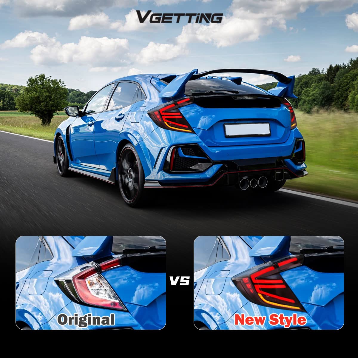2016-2020 Honda Civic Type-R Hatchback LED Tail Lights - Red Lens Sequential Turn Signal DRL Reverse Brake Light Assembly | Upgrade for Night Driving & Car Shows