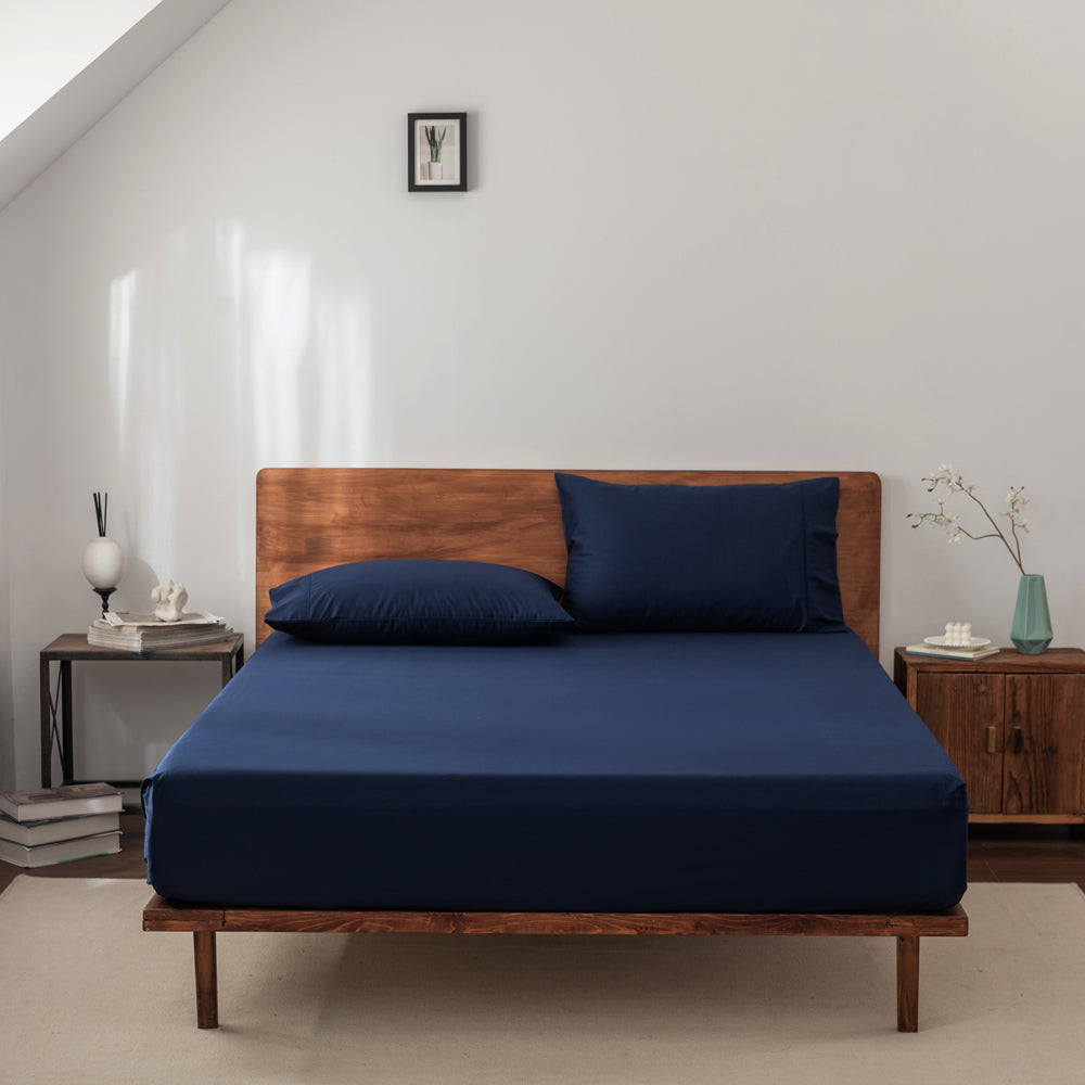 Premium 400 Thread Count Casey Cotton Fitted Sheet & Pillowcase Set - Navy Blue Double Bed (50cm) | Soft & Breathable Bedding for Comfortable Sleep, Hotel Luxury at Home