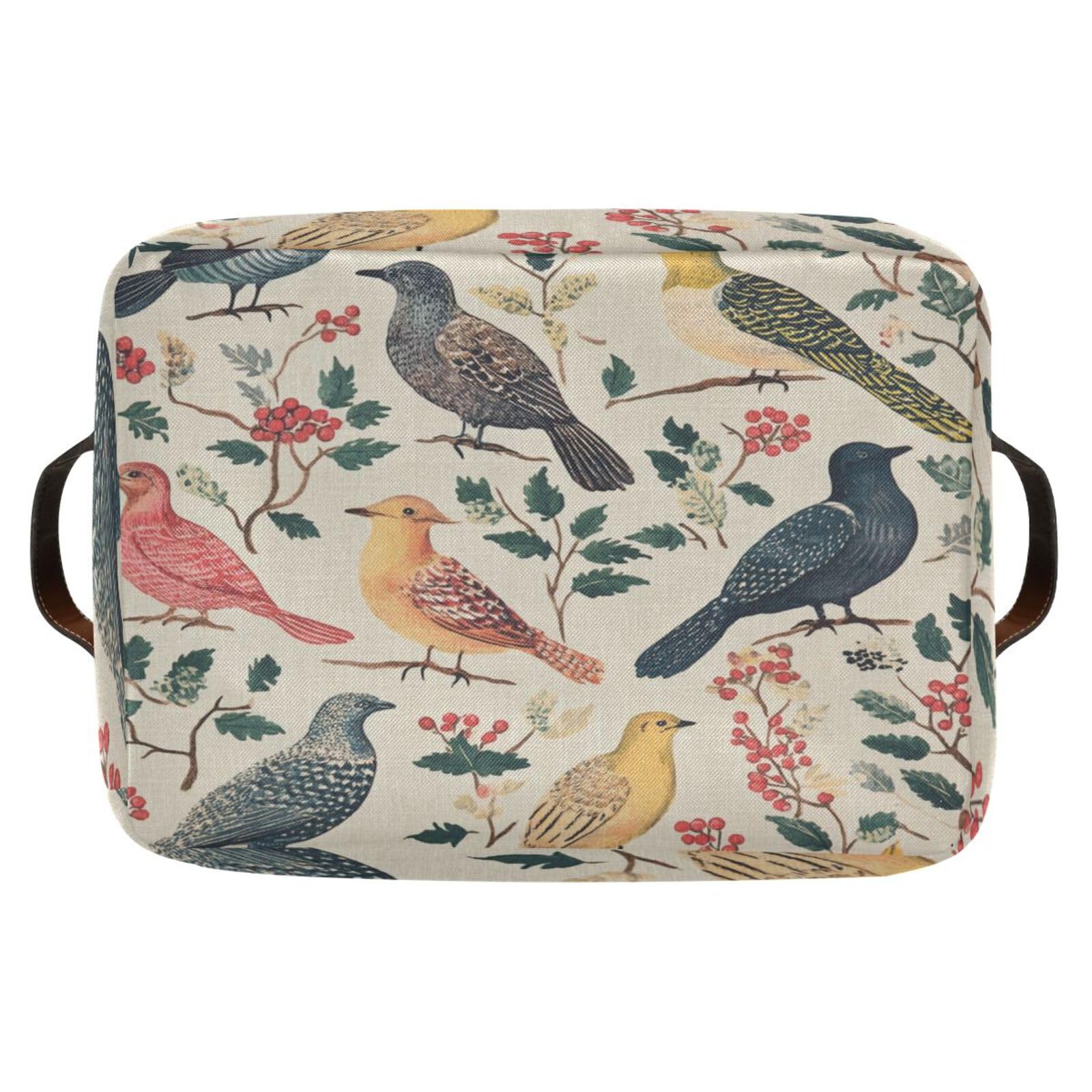 Large Fabric Storage Bins with Handles - Vintage Birds Collapsible Baskets for Clothes, Toys & Home Organization