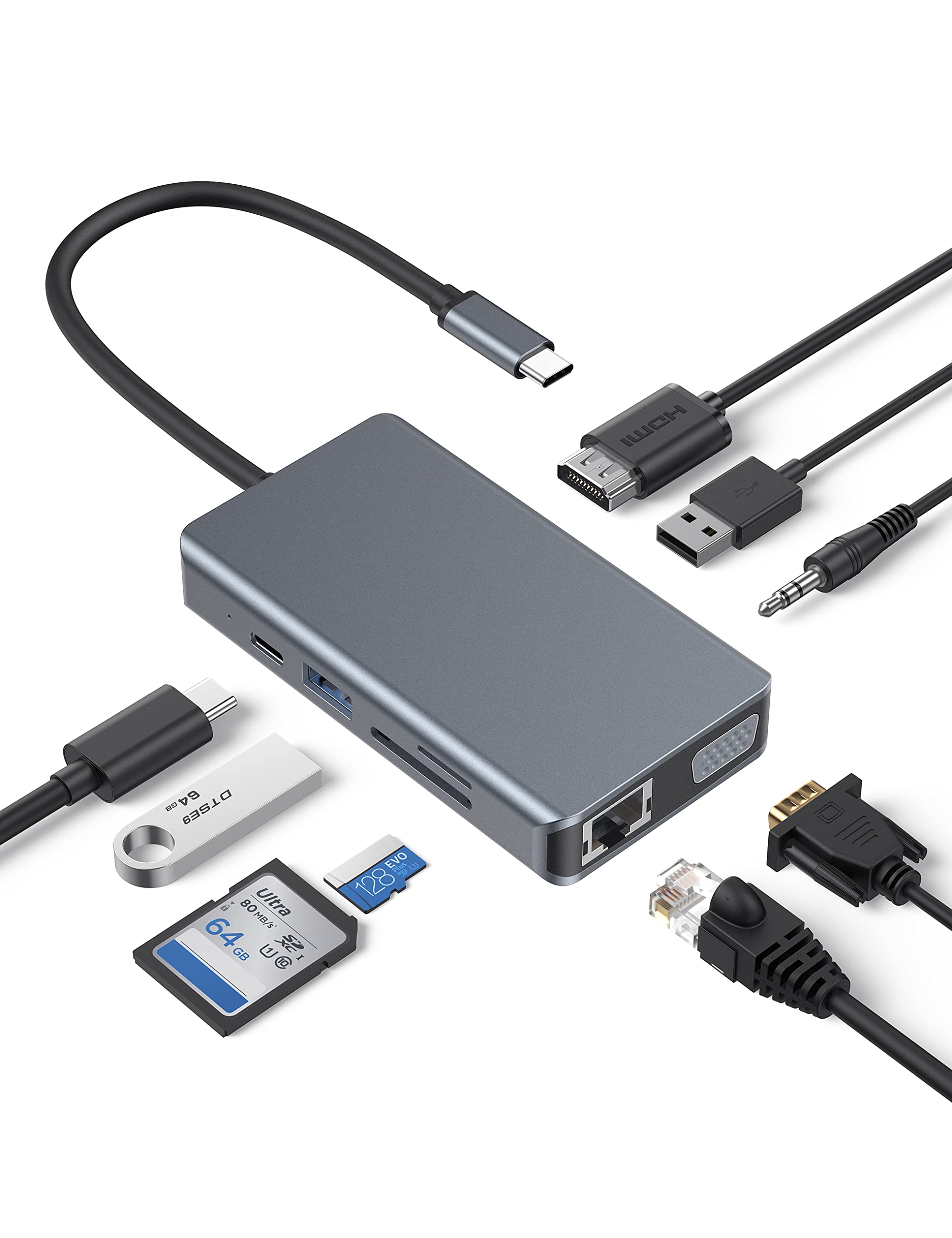 9-in-1 USB C Hub Multiport Adapter with USB 3.0, 4K HDMI, 100W PD Charging, SD/TF Card Reader, Ethernet, VGA & Audio Jack - Compatible with MacBook Pro, iPad Pro, Laptop & More - Perfect for Work, Travel & Home Office