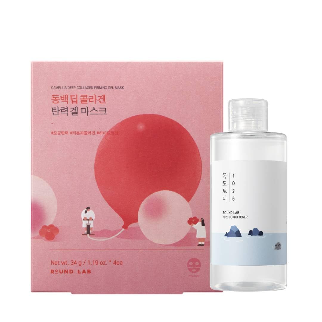 ROUND LAB 1025 Dokdo Toner 150ml + Camellia Deep Collagen Firming Mask 4pcs Set | Korean Skincare for Pore Minimizing, Hydration & Gentle Exfoliation | Soothing Facial Treatment for Dry & Sensitive Skin | Perfect for Night Routine & Post-Sun Care