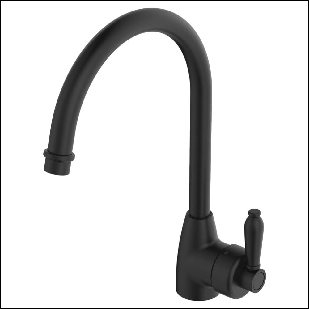 Fienza Eleanor 202109BL Matte Black Gooseneck Kitchen Faucet with White Matte Black Handle - Perfect for Modern Farmhouse, Industrial Style Kitchens and Coffee Bars