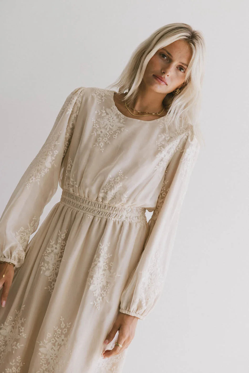 Andee Embroidered Midi Dress in Champagne - Floral Lace Summer Wedding Guest Dress for Women, Perfect for Garden Parties & Formal Events - FINAL SALE