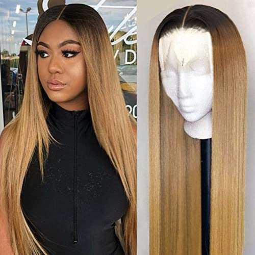 YMSGIRL 16 Inch 4x4 Lace Closure Wig - 1B/27 Honey Blonde Ombre Straight Human Hair Wig with Black Roots & Pre-Plucked Natural Hairline | Brazilian Lace Front Wigs for Black Women | Perfect for Daily Wear, Parties & Special Occasions
