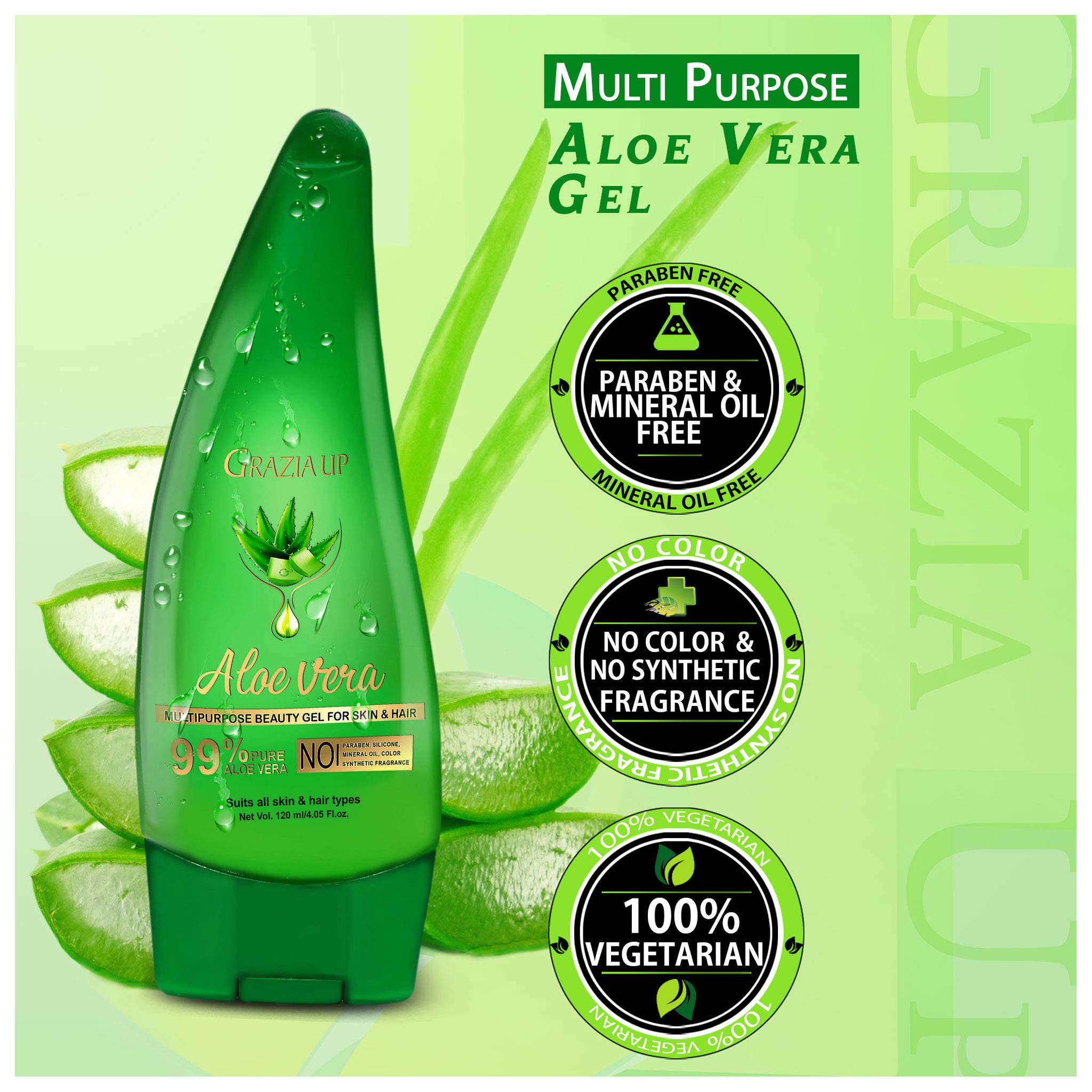 Grazia Up 99% Pure Aloe Vera Gel for Skin & Hair Care - 120ml Multipurpose Beauty Solution | Hydrates, Soothes & Repairs Dry Skin, Sunburn Relief, Hair Conditioning
