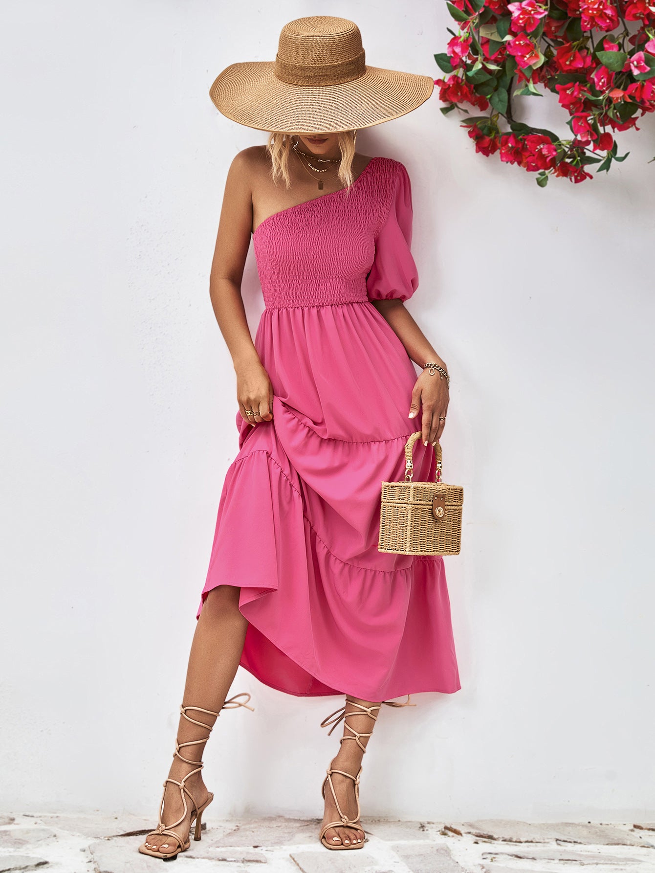 Elegant Pink One Shoulder Vacation Dress for Women - Perfect for Beach Getaways, Summer Parties & Tropical Vacations