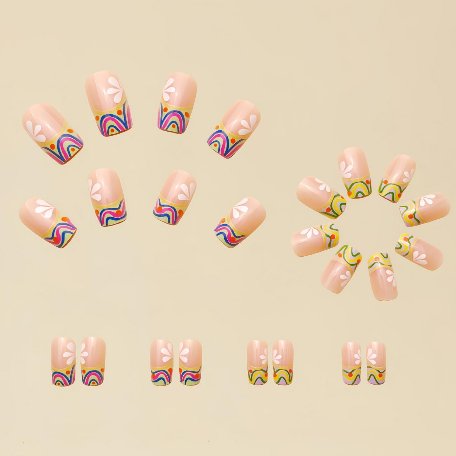 French Tip Press on Nails - Short Square Fake Nails with White Floral Design | Reusable Full Cover Acrylic Nails for Women | 24PCS Manicure Set | Perfect for Summer, Parties, Weddings & Everyday Wear