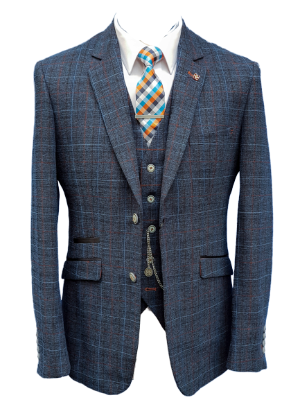 Cavani Cody Men's 3 Piece Blue Check Slim Fit Suit - Formal Business Attire for Weddings, Office & Special Occasions