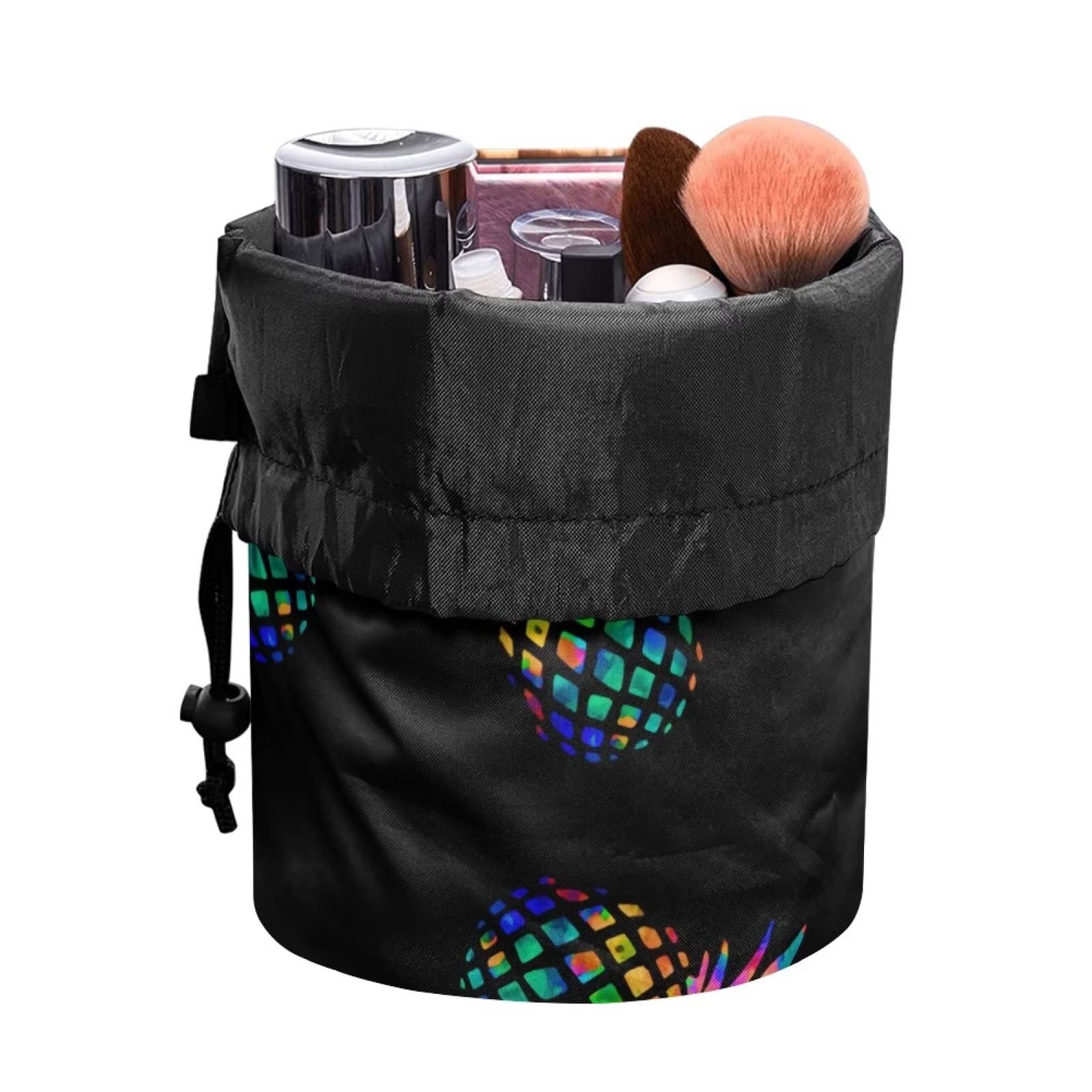 SEANATIVE Pineapple Print Black Drawstring Travel Cosmetic Bag - Waterproof Toiletry Organizer for Women | Lightweight Makeup Pouch for Travel, Gym, Beach & Daily Use