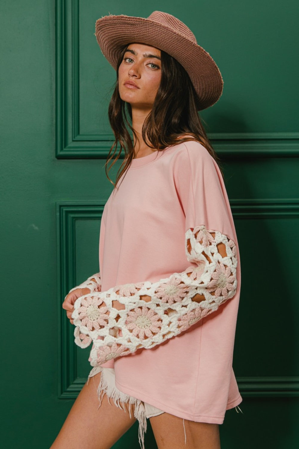 French Terry Crochet Sleeve Top for Women - Soft Breathable Loungewear & Casual Outfit - Perfect for Yoga, Coffee Dates, and Weekend Errands