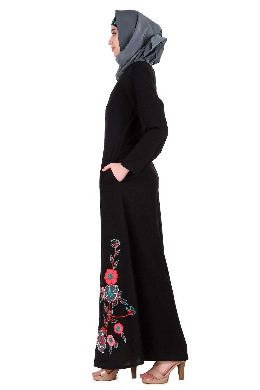 Elegant Floral Patchwork A-Line Abaya Dress for Women - Modest Islamic Fashion for Prayer, Eid, and Special Occasions