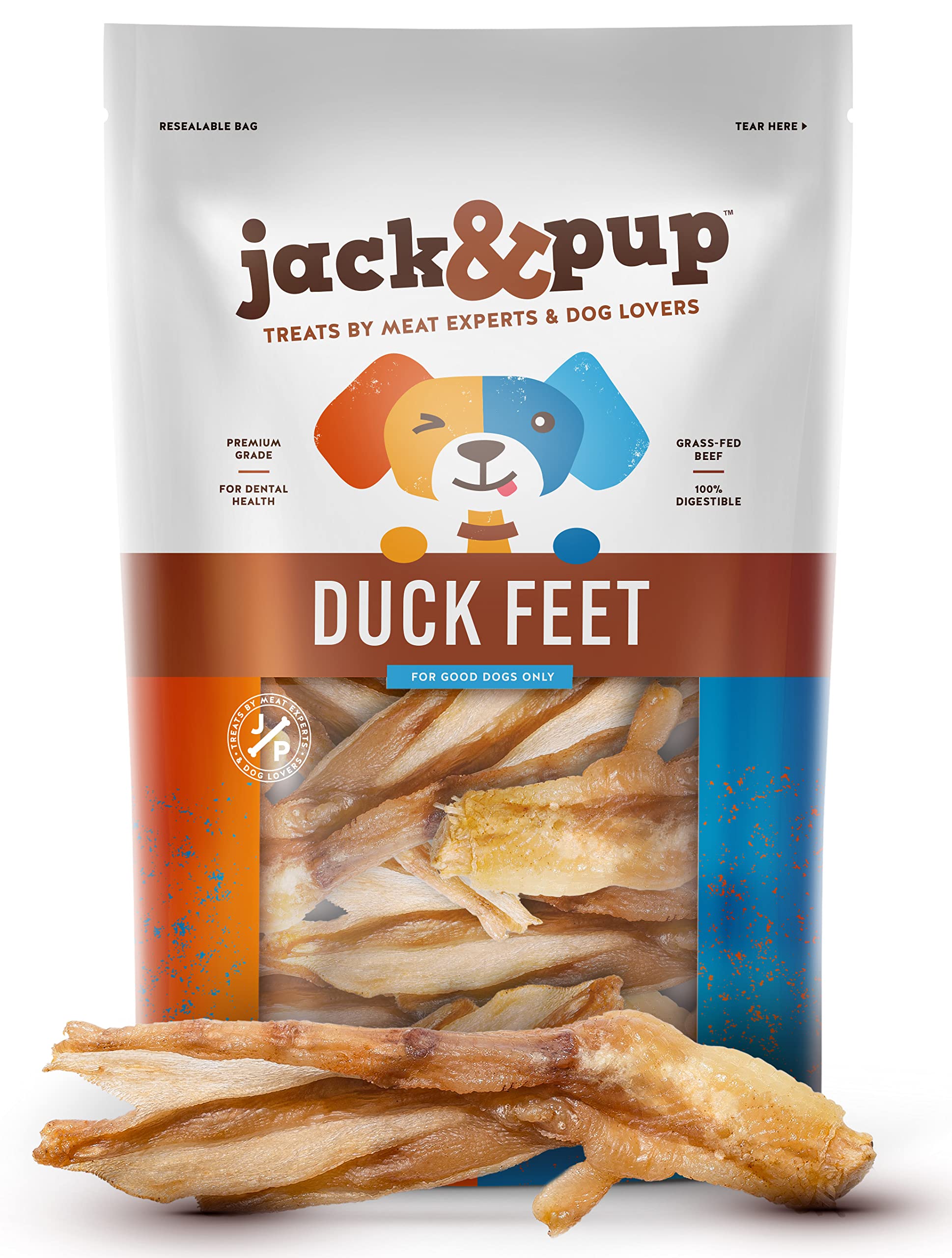 Jack&Pup All-Natural Dehydrated Duck Feet Dog Treats - Single Ingredient Chews for Small & Medium Dogs (20 Count) | Healthy Dental Snacks for Teething, Training & Rewarding Pets