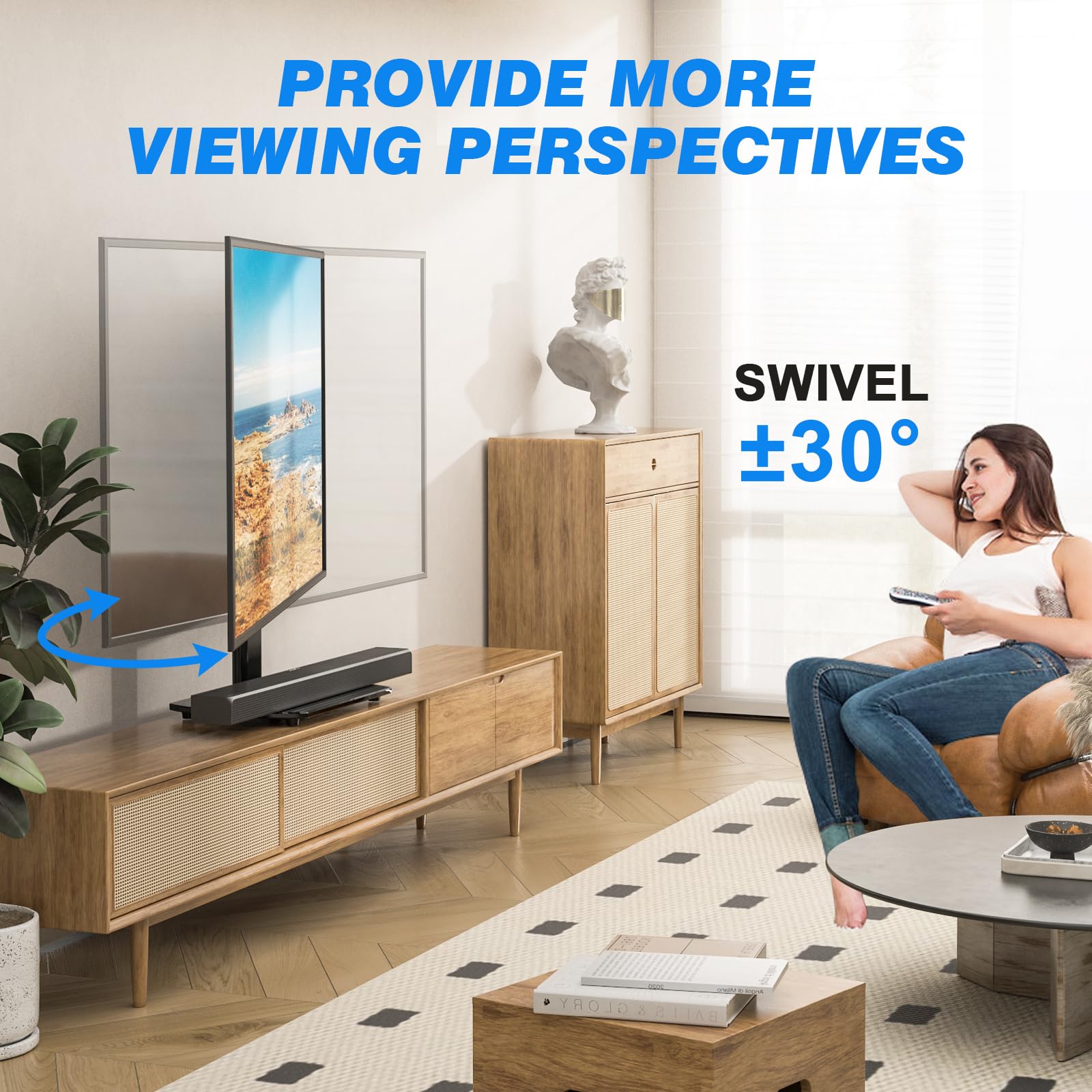 Universal Swivel TV Stand for 27-60 Inch TVs - Height Adjustable Table Top TV Mount Holds 88 lbs - Tempered Glass Base Pedestal Stand for Living Room, Bedroom & Office