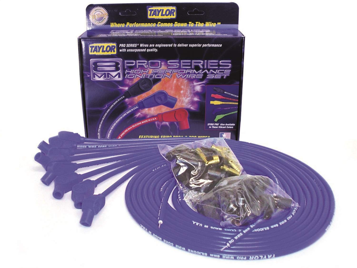 Taylor Cable 70652 8mm Pro Wire Blue Spark Plug Wire Set - High Performance Ignition Wires for Cars, Trucks & SUVs - Perfect for Engine Upgrades & Tune-Ups